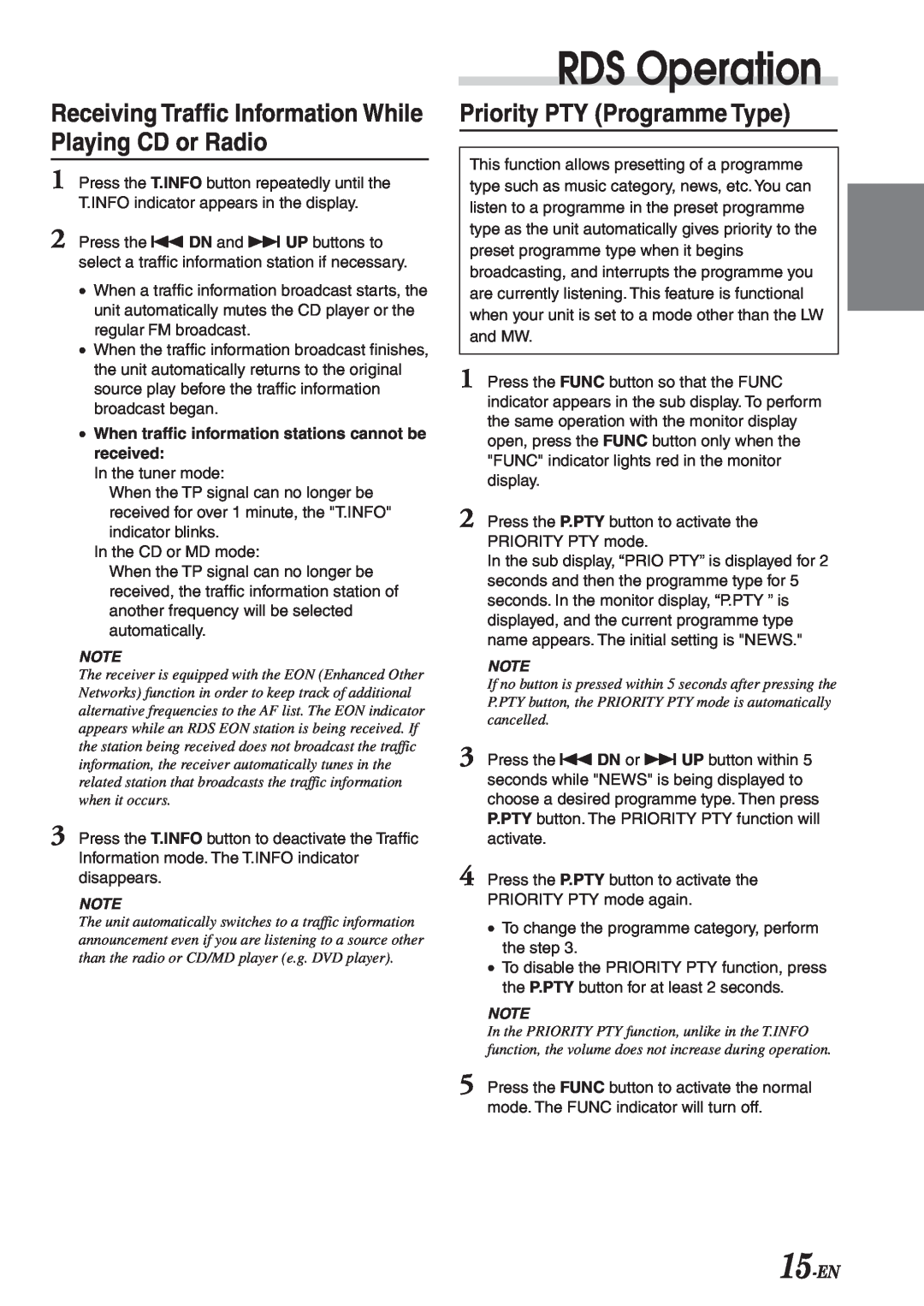 Alpine CVA-1003R owner manual Priority PTY Programme Type, 15-EN, RDS Operation 