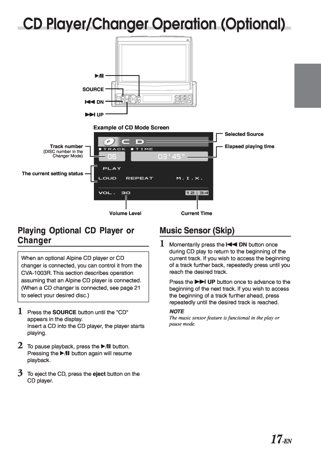 Alpine CVA-1003R CD Player/Changer Operation Optional, Playing Optional CD Player or Changer, Music Sensor Skip, 17-EN 