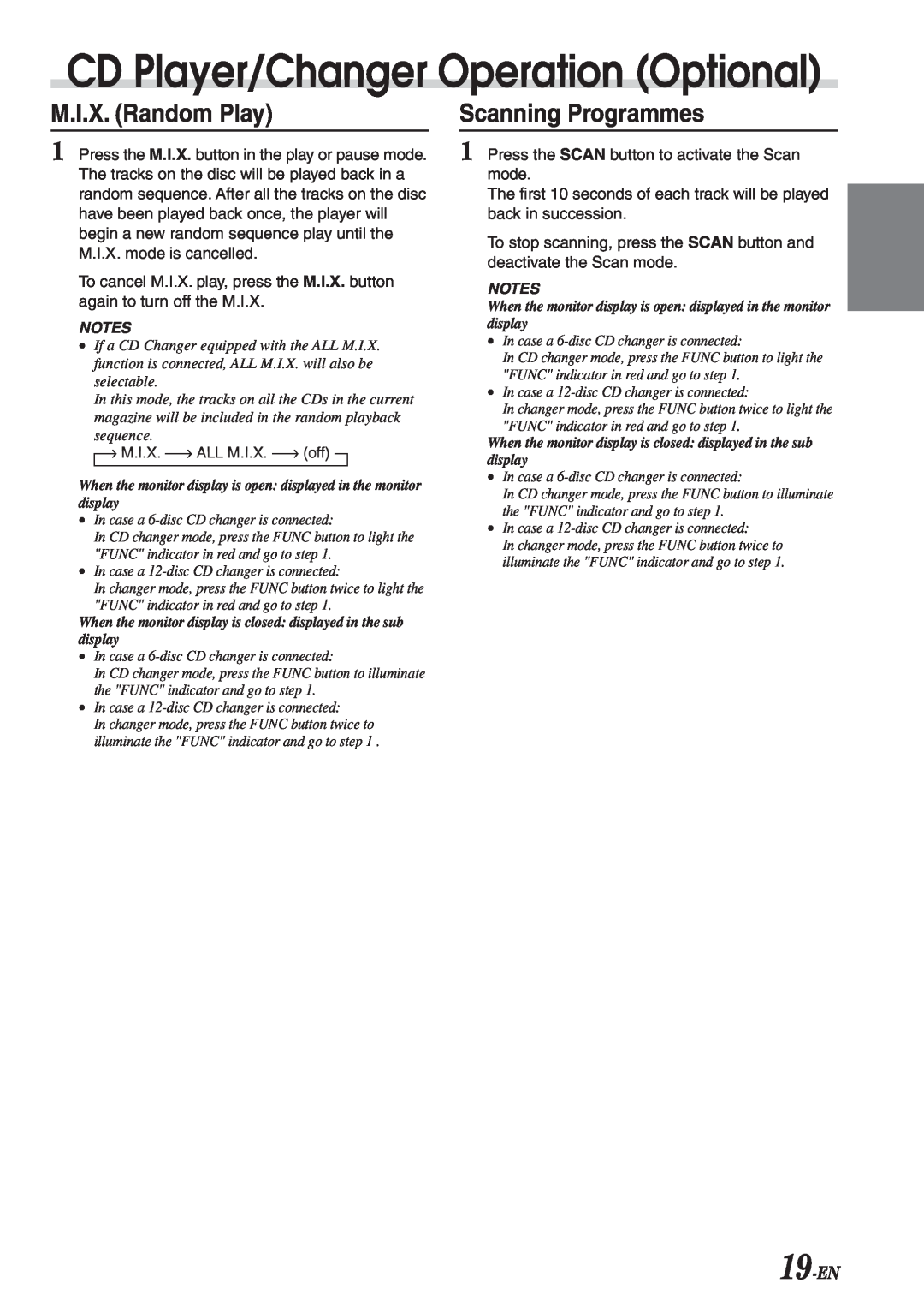 Alpine CVA-1003R owner manual M.I.X. Random Play, Scanning Programmes, 19-EN, CD Player/Changer Operation Optional 
