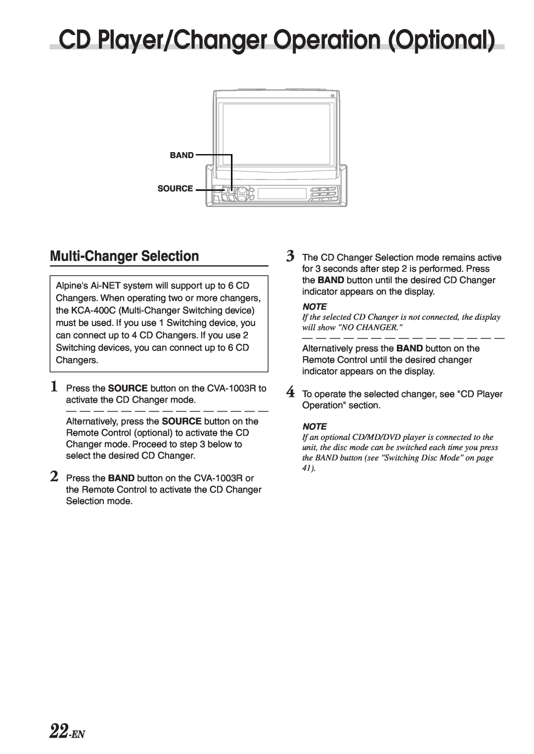 Alpine CVA-1003R owner manual Multi-ChangerSelection, 22-EN, CD Player/Changer Operation Optional 