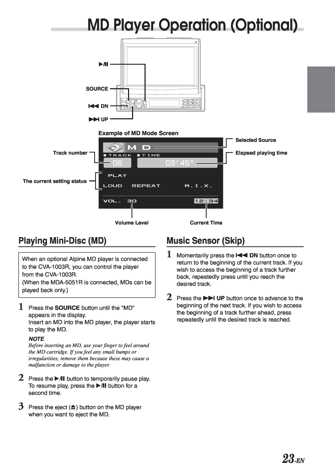Alpine CVA-1003R MD Player Operation Optional, Playing Mini-DiscMD, 23-EN, Music Sensor Skip, Example of MD Mode Screen 