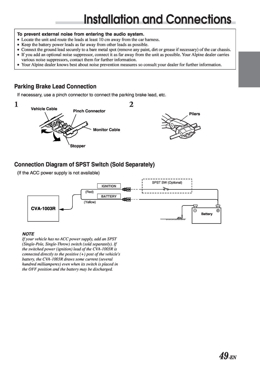 Alpine CVA-1003R owner manual Parking Brake Lead Connection, Connection Diagram of SPST Switch Sold Separately, 49-EN 