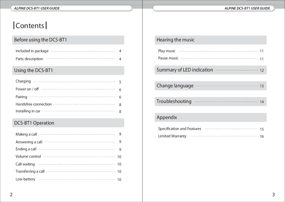 Alpine DCS-BT1 manual Contents 