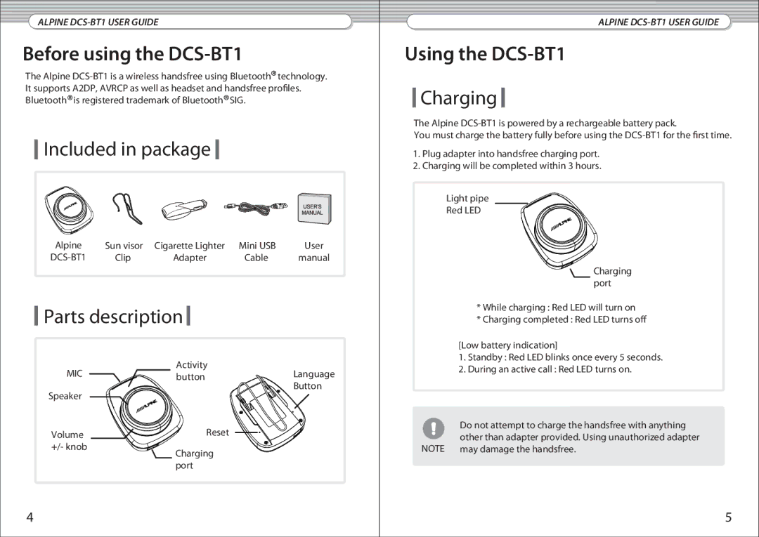 Alpine DCS-BT1 manual Included in package, Parts description, Charging 