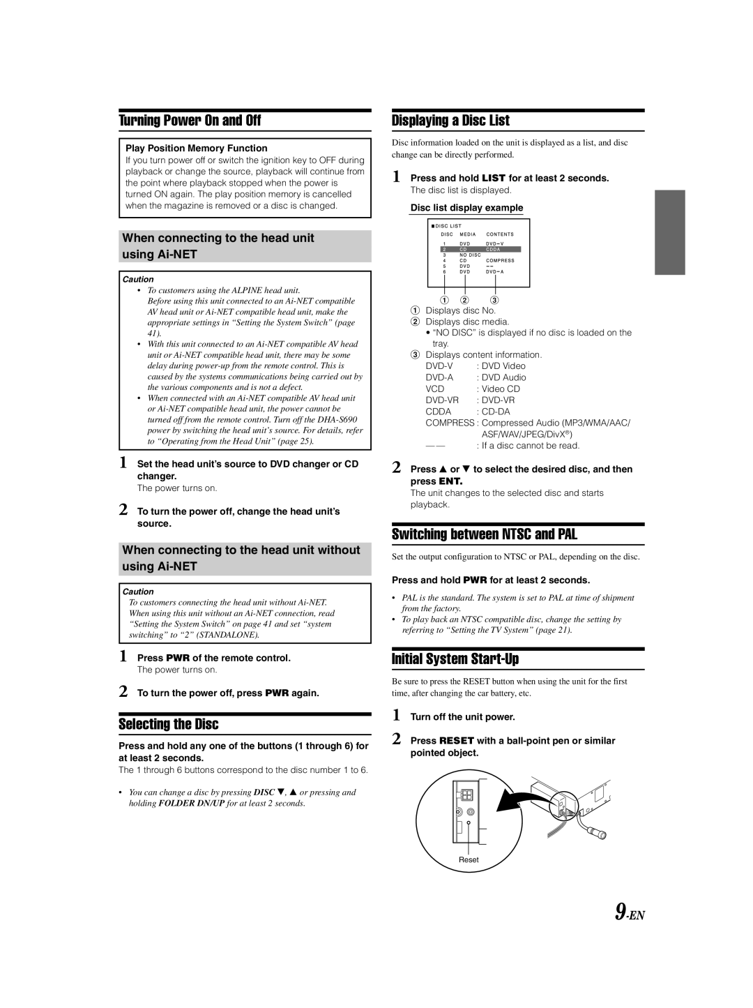 Alpine DHA-S690 Turning Power On and Off, Selecting the Disc, Displaying a Disc List, Switching between Ntsc and PAL 