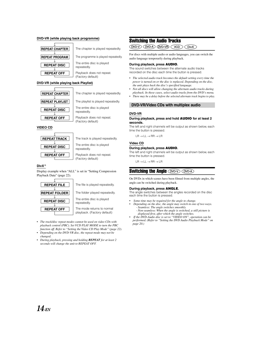 Alpine DHA-S690 owner manual Switching the Audio Tracks, Switching the Angle, DVD-VR/Video CDs with multiplex audio, 14-EN 