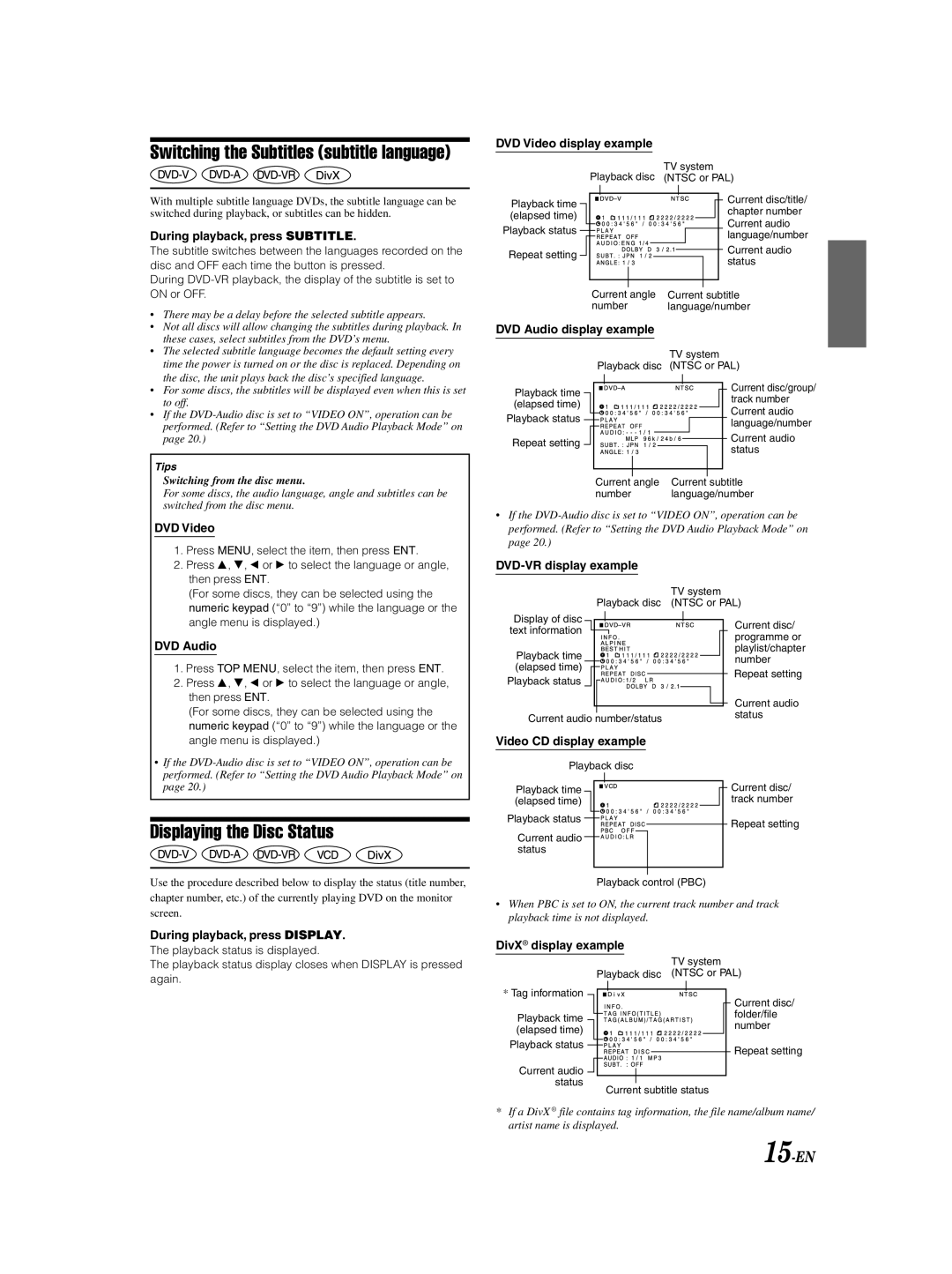 Alpine DHA-S690 owner manual Switching the Subtitles subtitle language, Displaying the Disc Status, 15-EN 