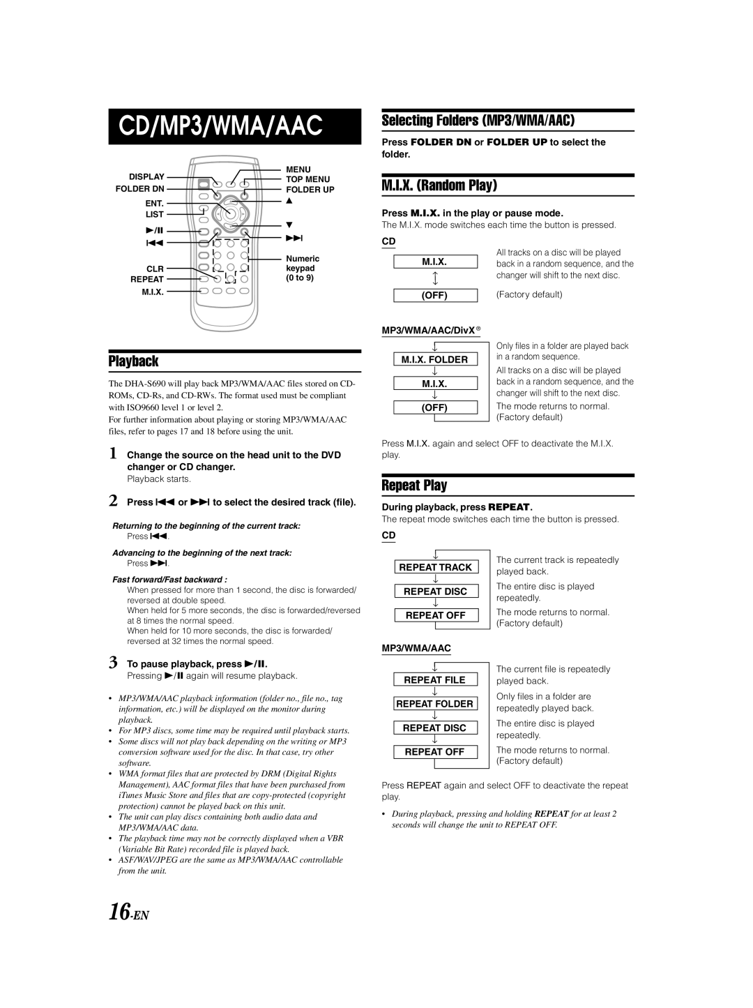 Alpine DHA-S690 owner manual Selecting Folders MP3/WMA/AAC, X. Random Play, Playback, Repeat Play, 16-EN 