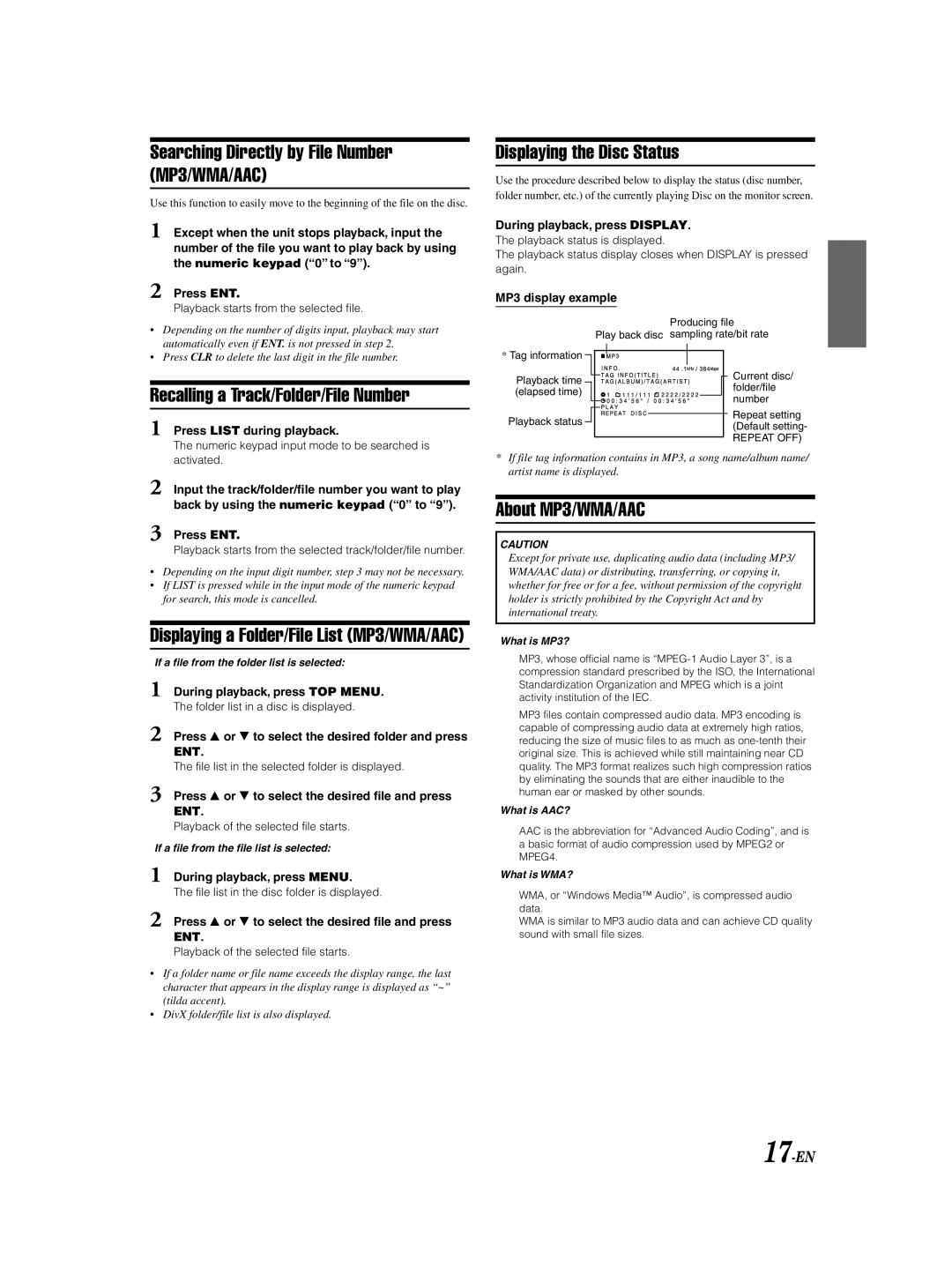 Alpine DHA-S690 Searching Directly by File Number MP3/WMA/AAC, Recalling a Track/Folder/File Number, About MP3/WMA/AAC 