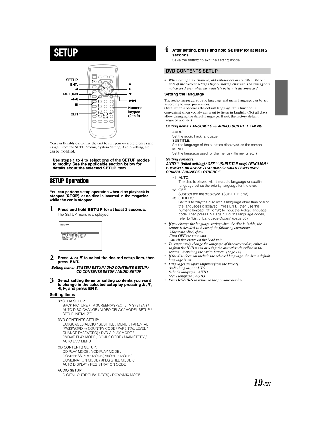 Alpine DHA-S690 owner manual Setup Operation, 19-EN 