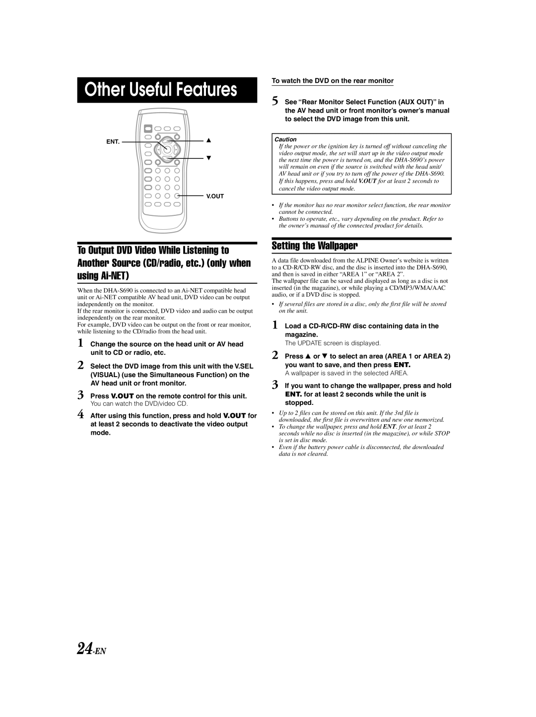 Alpine DHA-S690 owner manual Setting the Wallpaper, 24-EN, To watch the DVD on the rear monitor 