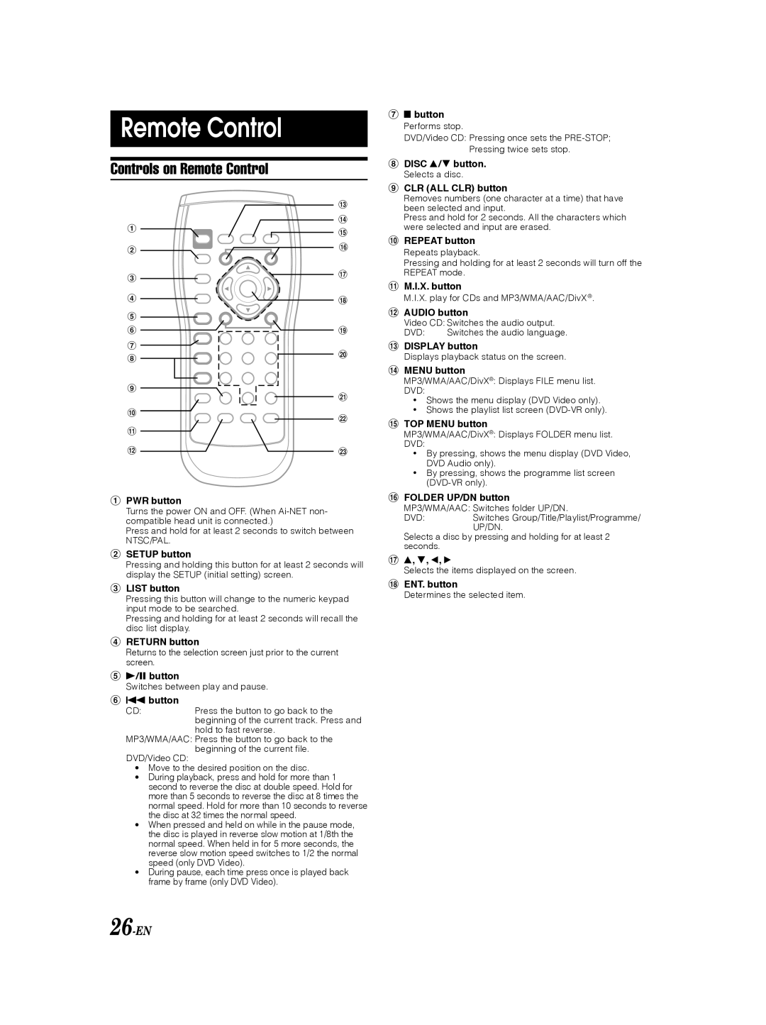 Alpine DHA-S690 owner manual Controls on Remote Control, 26-EN 