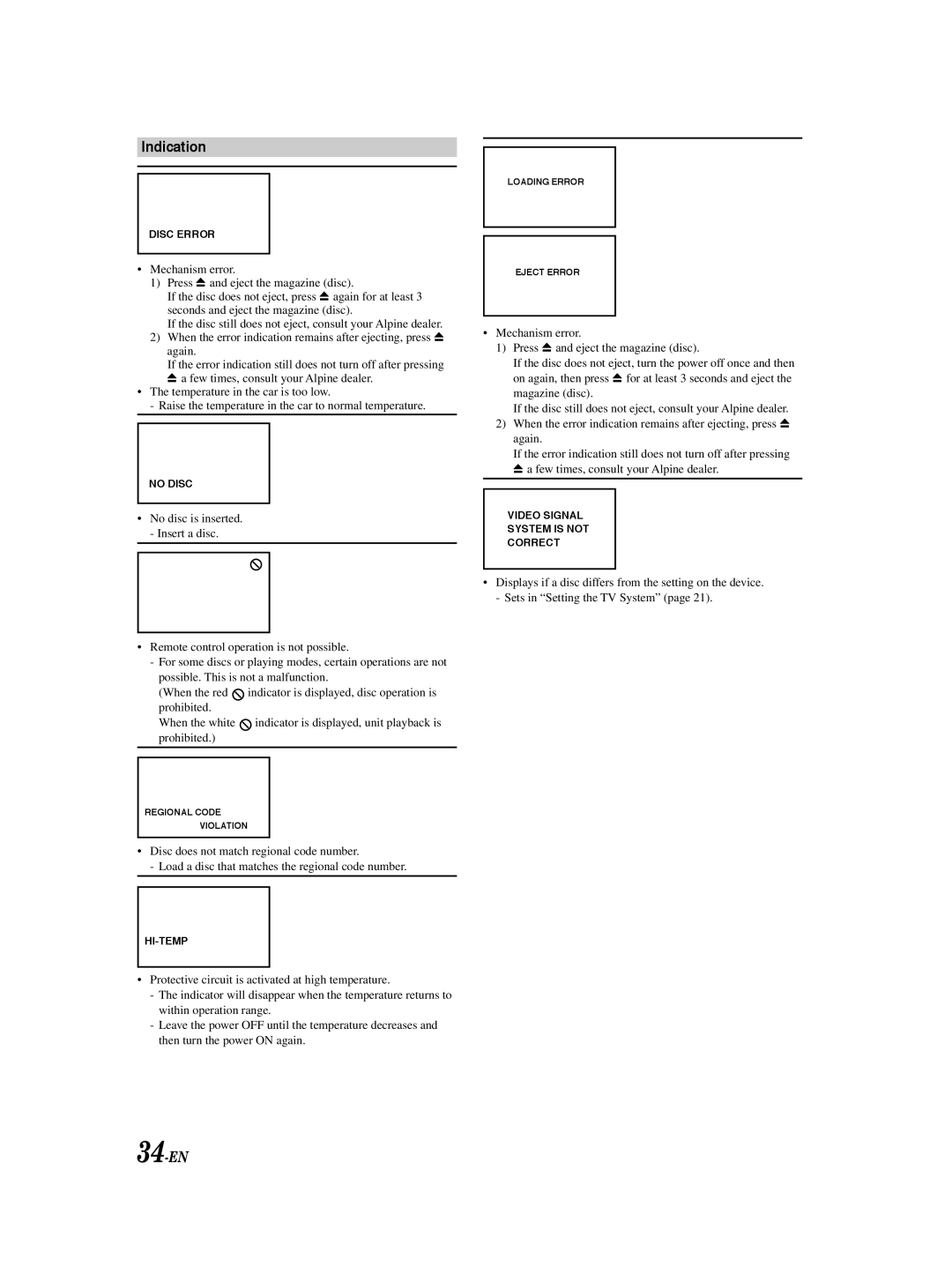 Alpine DHA-S690 owner manual Indication, 34-EN 