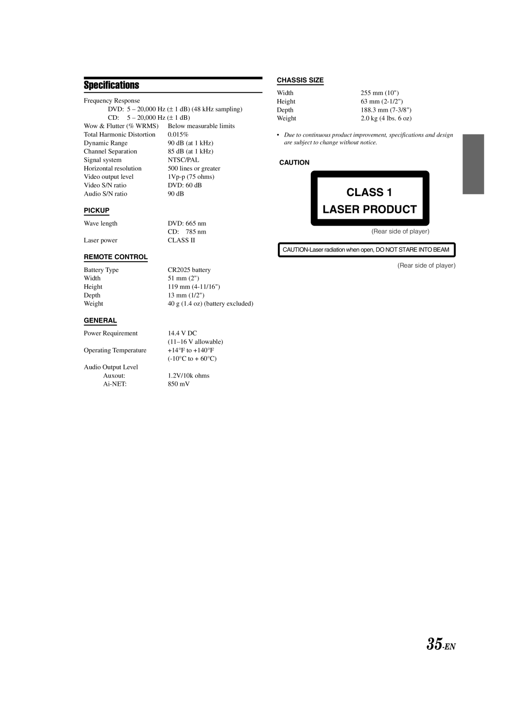 Alpine DHA-S690 owner manual Specifications, 35-EN, Rear side of player 