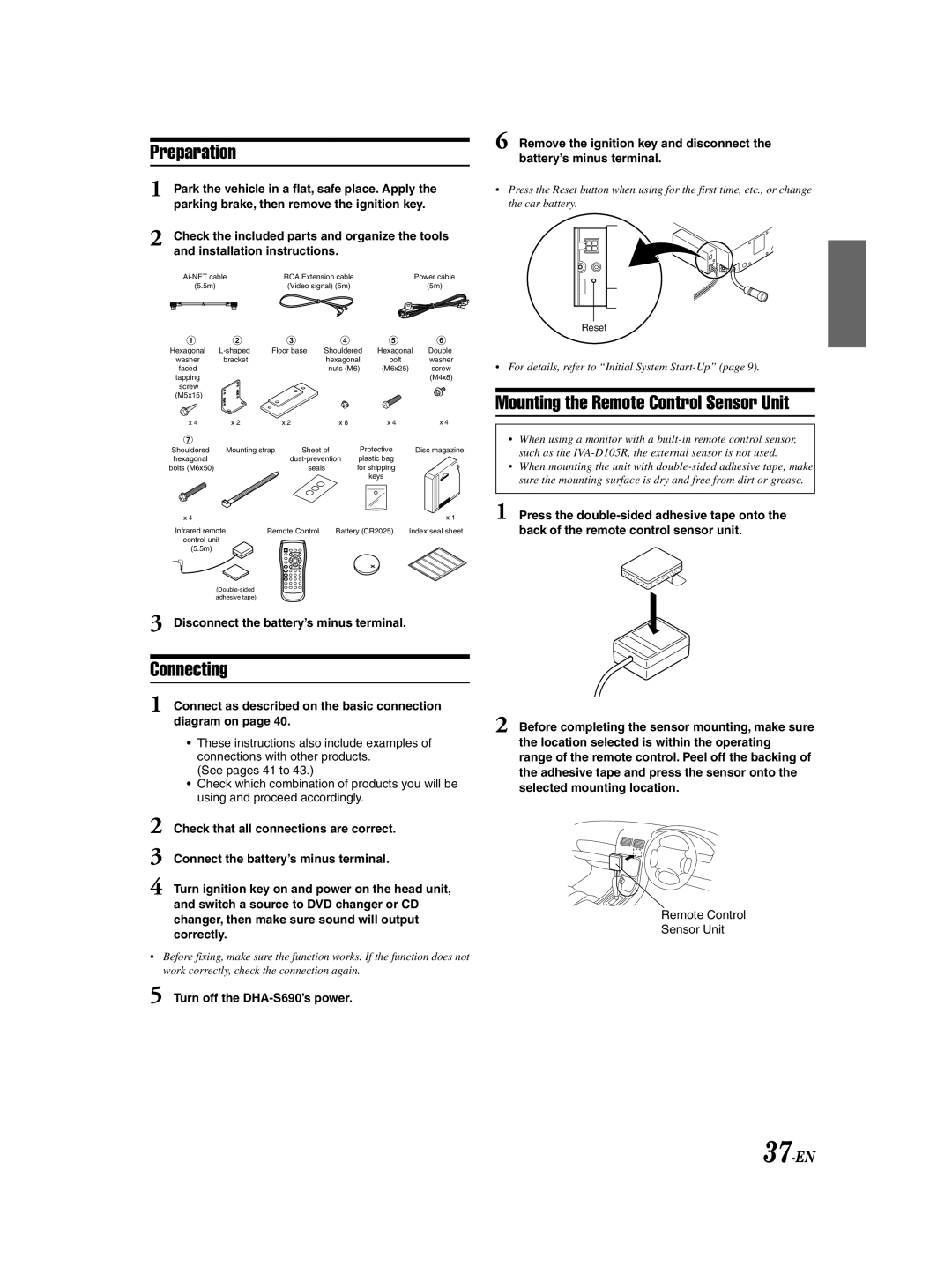 Alpine DHA-S690 owner manual Preparation, Connecting, Mounting the Remote Control Sensor Unit, 37-EN 