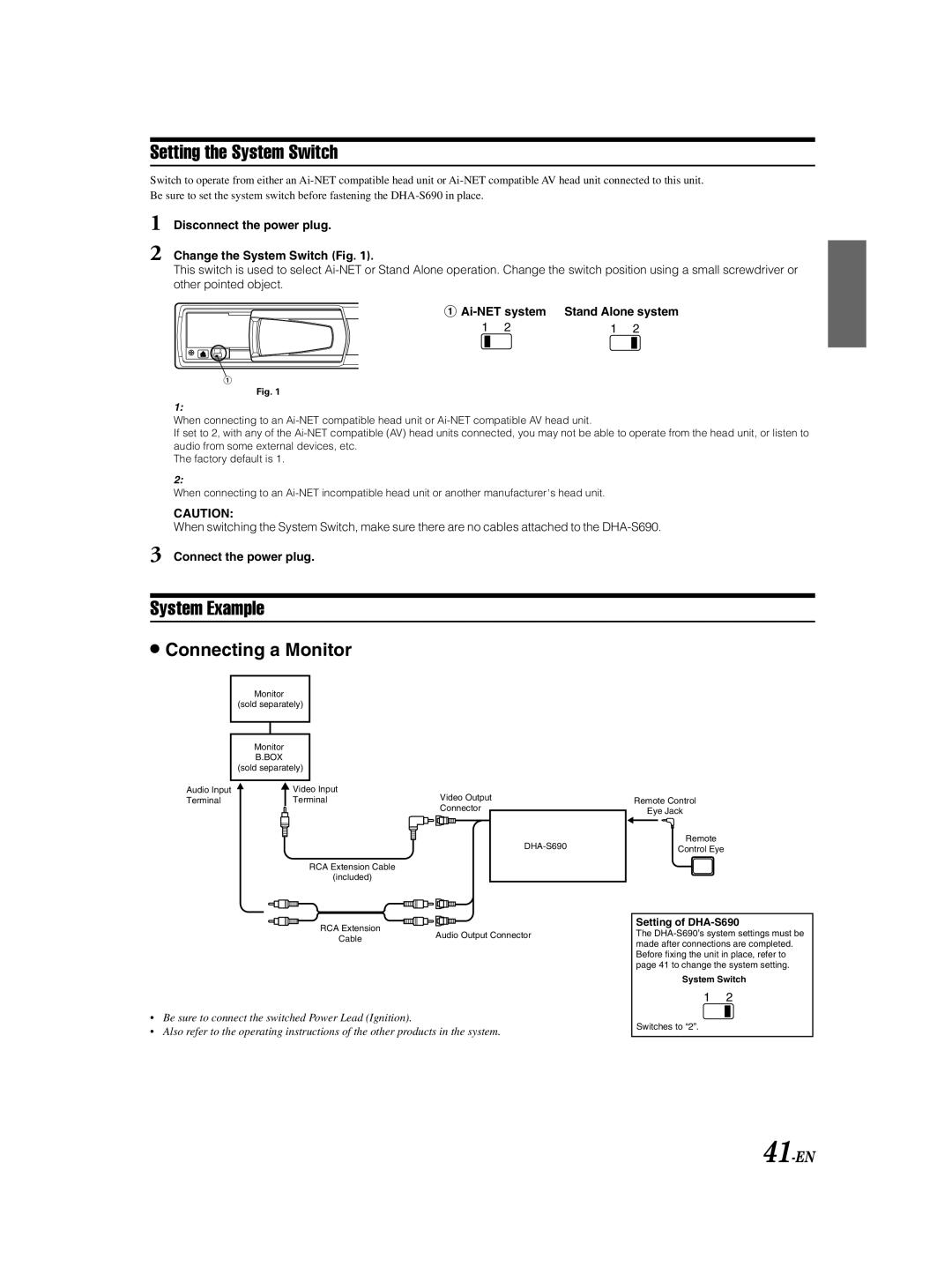 Alpine DHA-S690 owner manual Setting the System Switch, System Example, 41-EN 