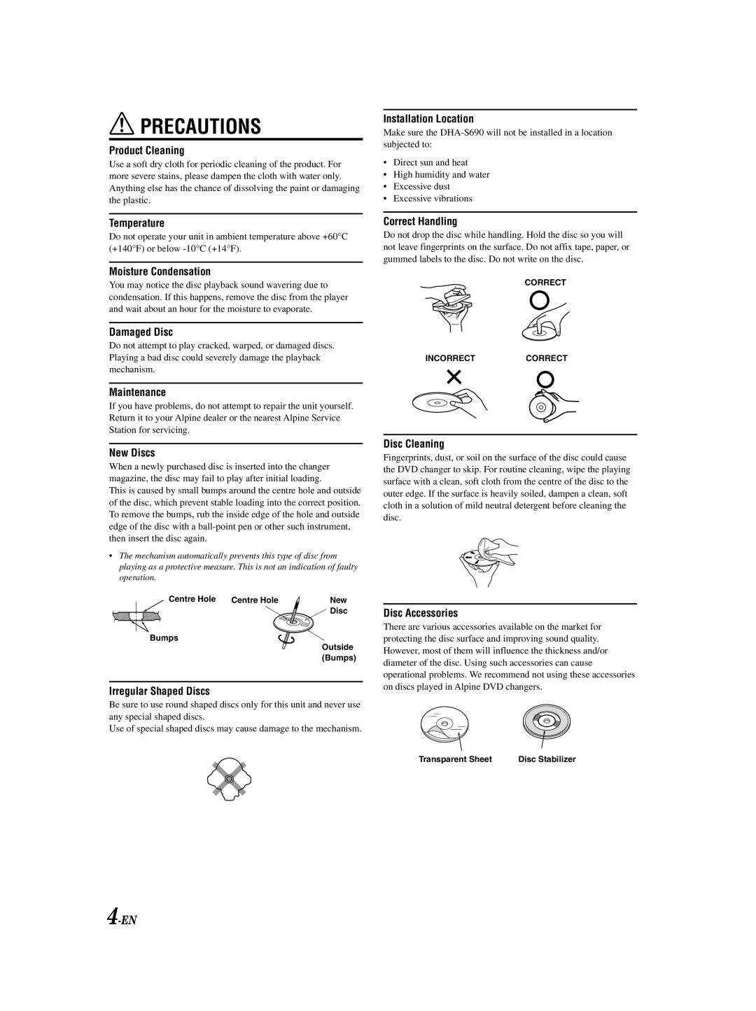 Alpine DHA-S690 owner manual Precautions 