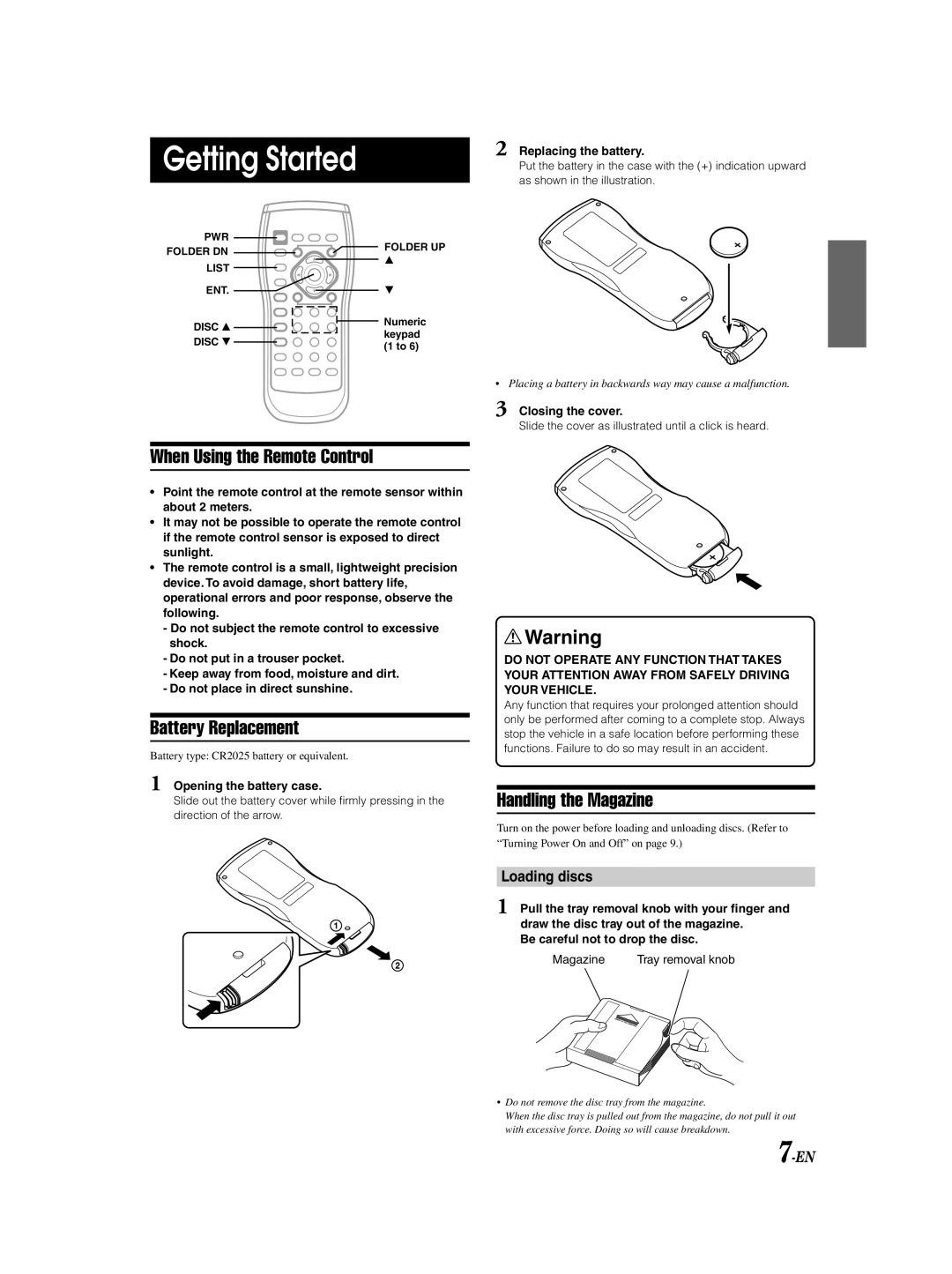 Alpine DHA-S690 owner manual When Using the Remote Control, Battery Replacement, Handling the Magazine, Loading discs 