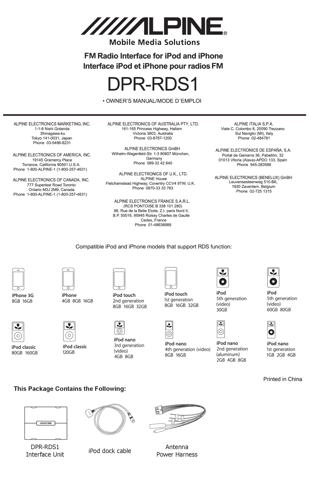 Alpine DPR-RDS1 manual This Package Contains the Following 