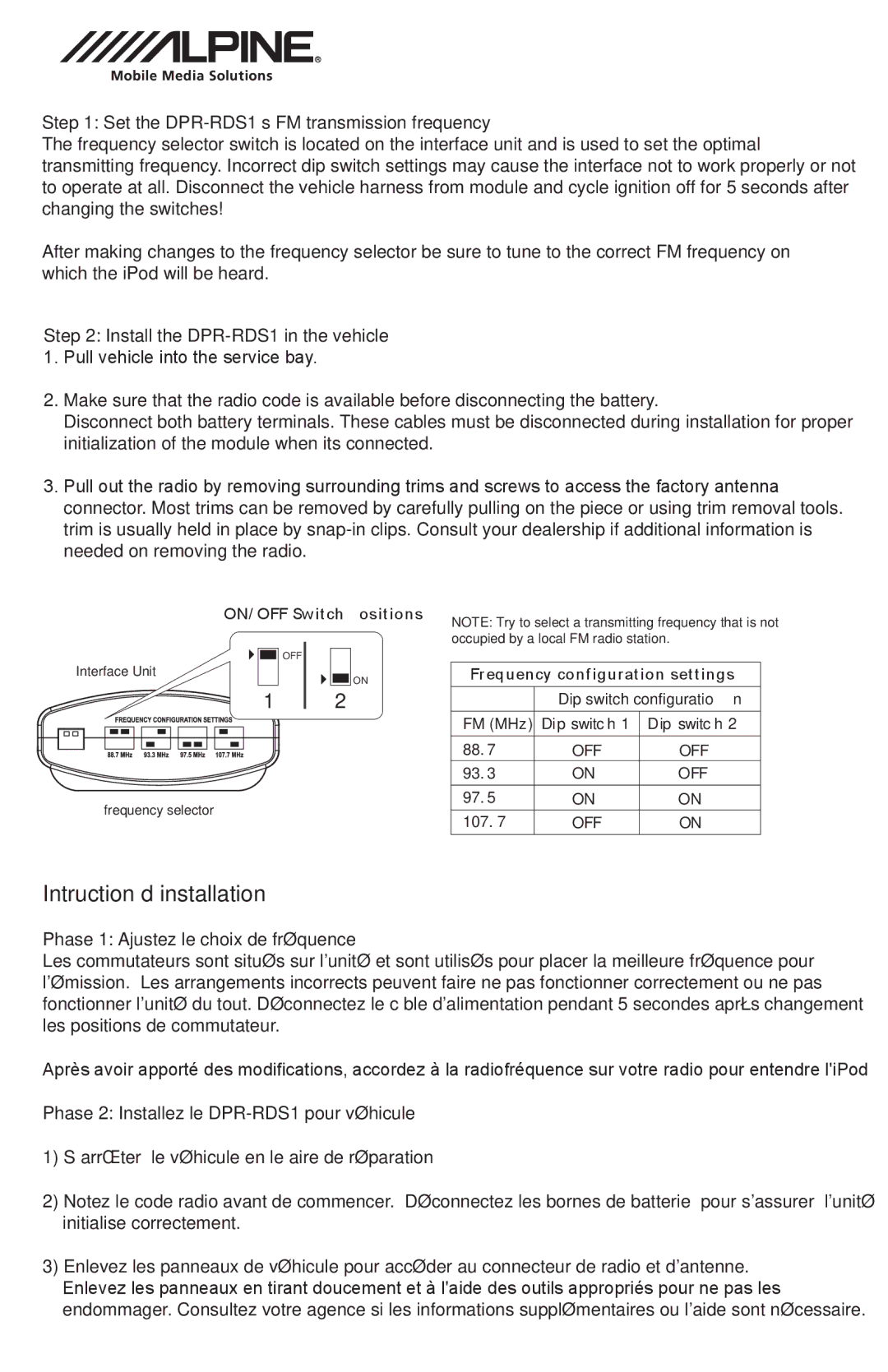 Alpine manual Set the DPR-RDS1’s FM transmission frequency, Phase 1 Ajustez le choix de fréquence 