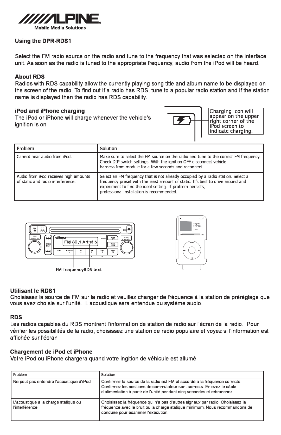 Alpine manual Using the DPR-RDS1, About RDS, iPod and iPhone charging, Utilisant le RDS1, Chargement de iPod et iPhone 