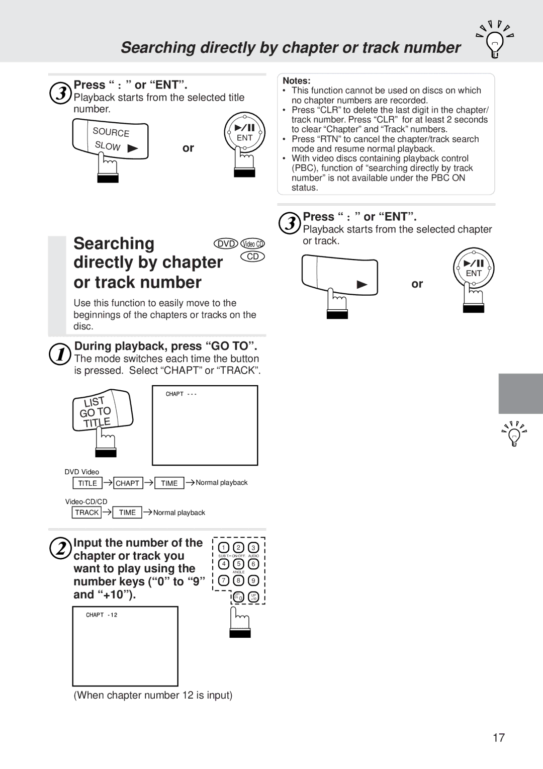 Alpine DVA-5205 owner manual Searching directly by chapter or track number, Press or ENT, When chapter number 12 is input 