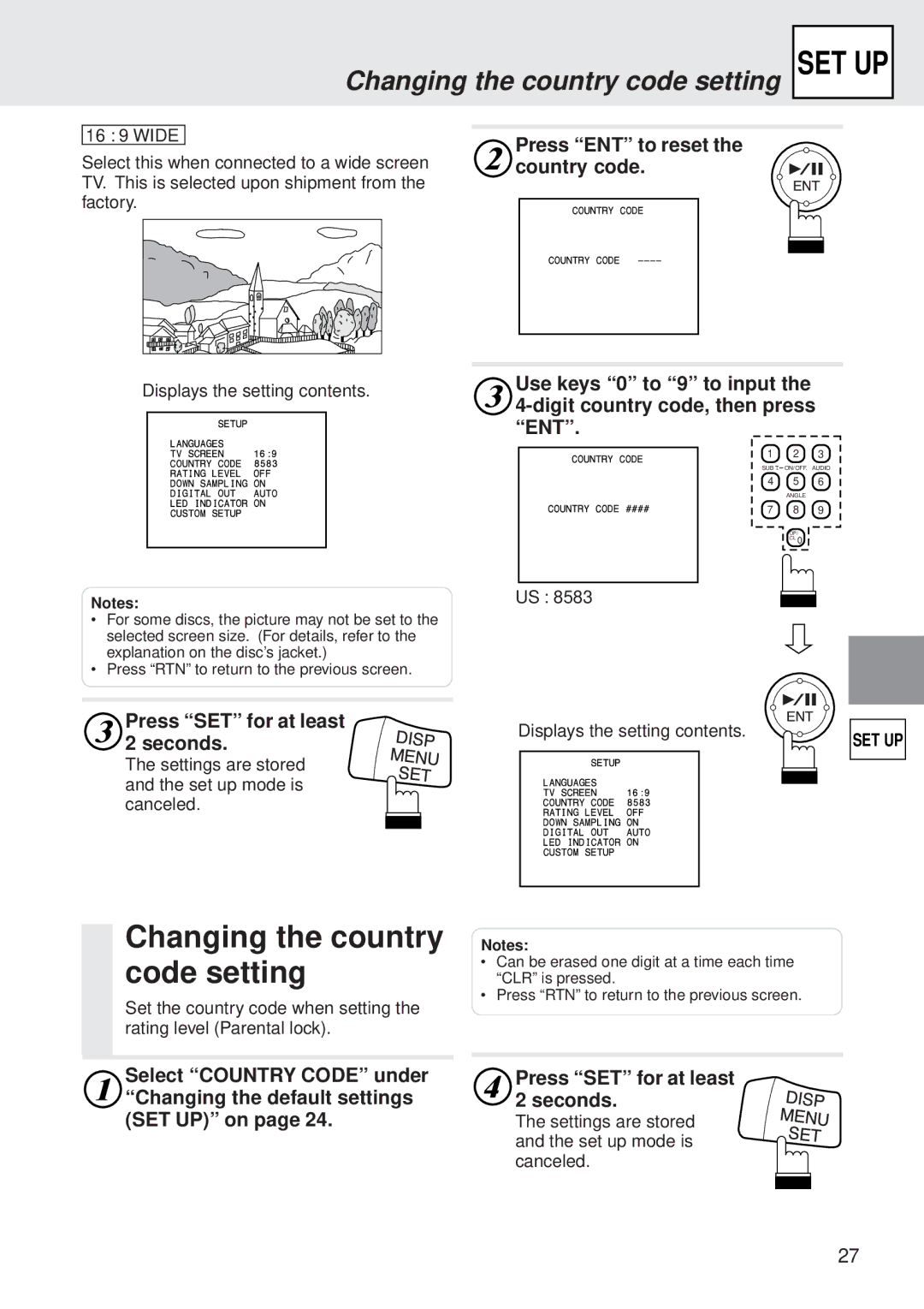 Alpine DVA-5205 owner manual Changing the country code setting, Press ENT to reset the country code, Press SET for at least 