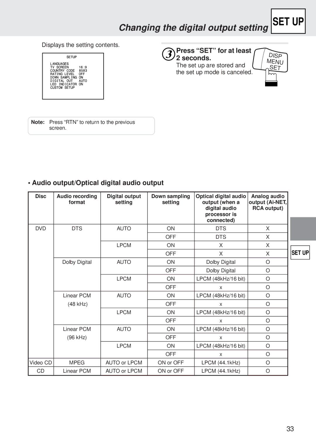 Alpine DVA-5205 owner manual Audio output/Optical digital audio output, Set up are stored and the set up mode is canceled 