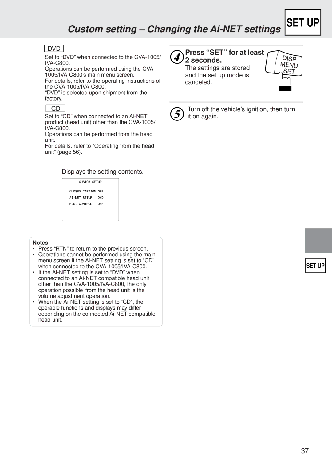 Alpine DVA-5205 owner manual Custom setting Changing the Ai-NET settings SET UP, Dvd 