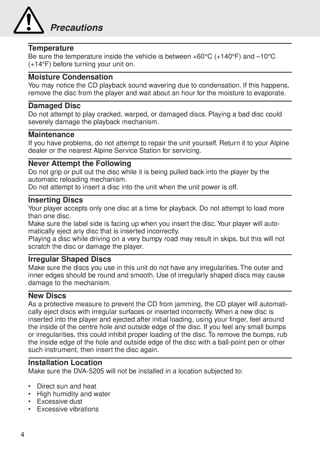 Alpine DVA-5205 owner manual Temperature 