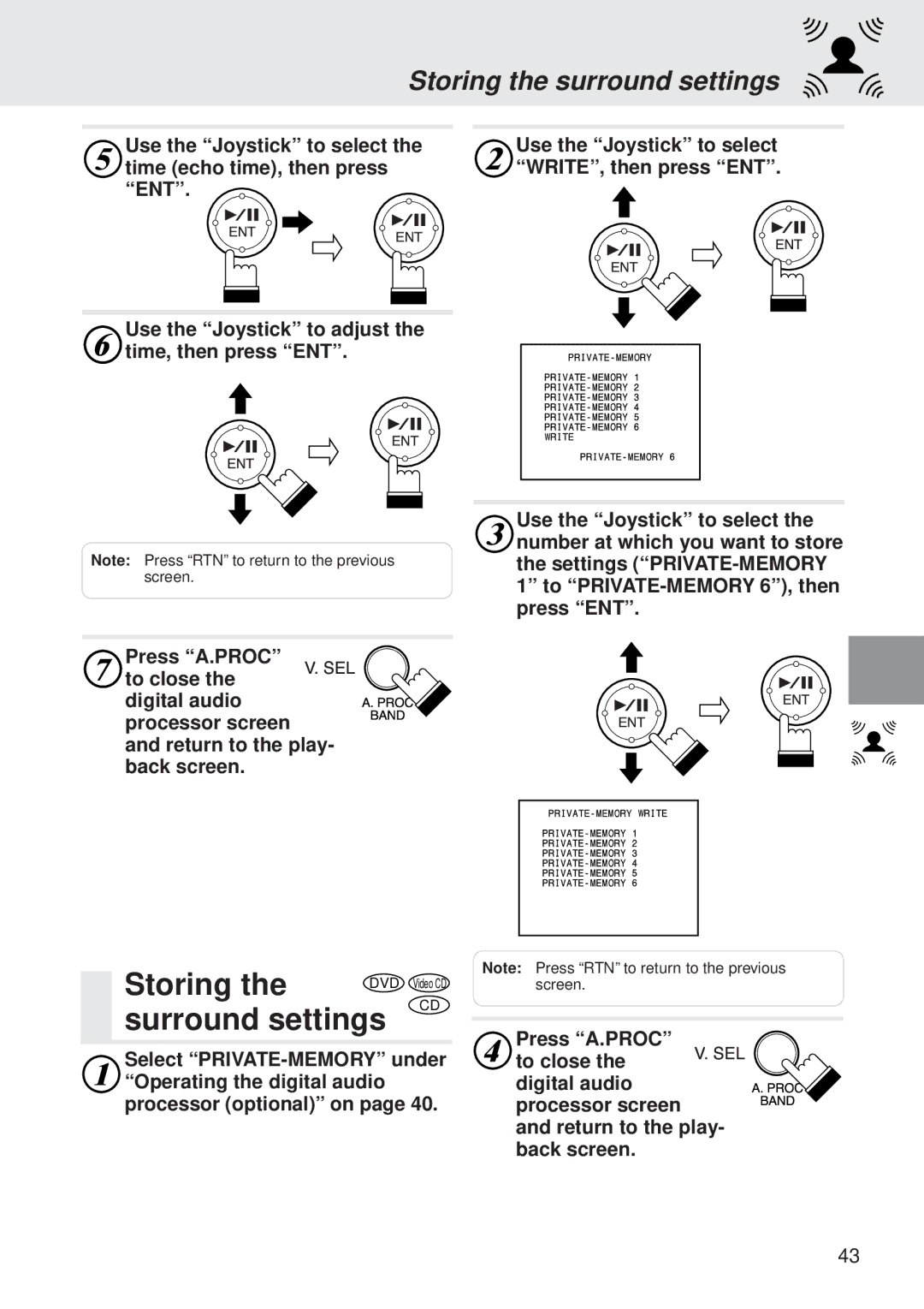 Alpine DVA-5205 Surround settings, Storing the surround settings, Use the Joystick to adjust the time, then press ENT 