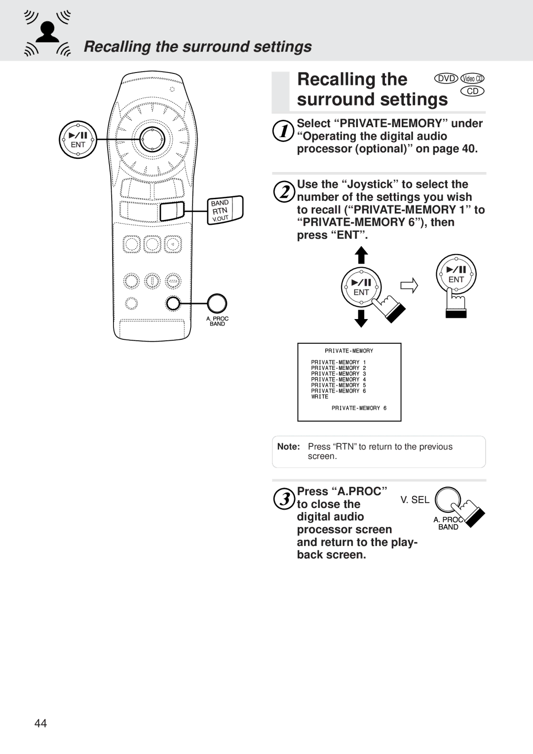 Alpine DVA-5205 owner manual Recalling the surround settings 