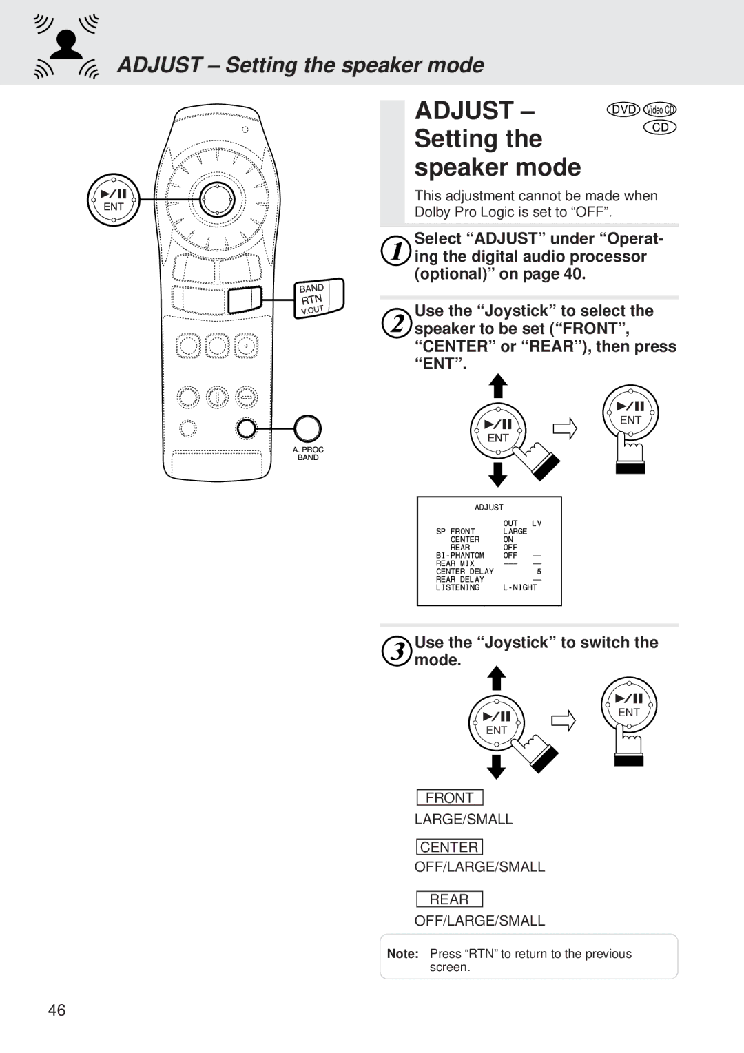 Alpine DVA-5205 owner manual Setting Speaker mode, Adjust Setting the speaker mode, Use the Joystick to switch the mode 