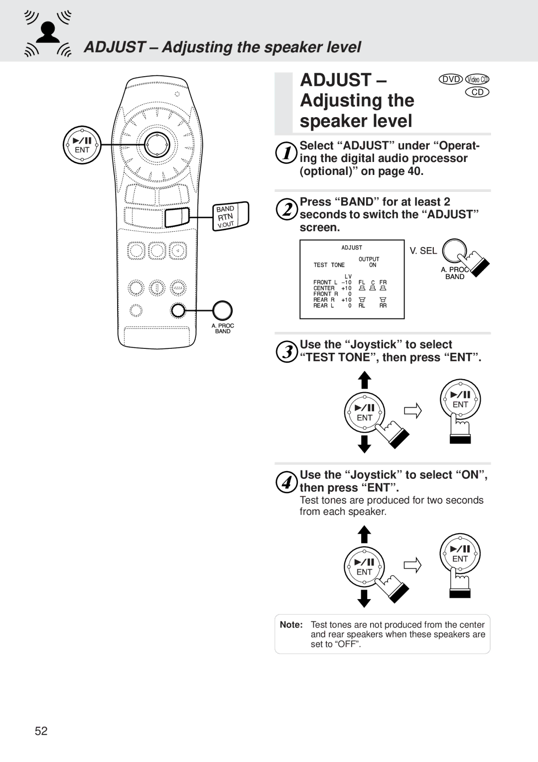 Alpine DVA-5205 Adjusting Speaker level, Adjust Adjusting the speaker level, Use the Joystick to select ON, then press ENT 