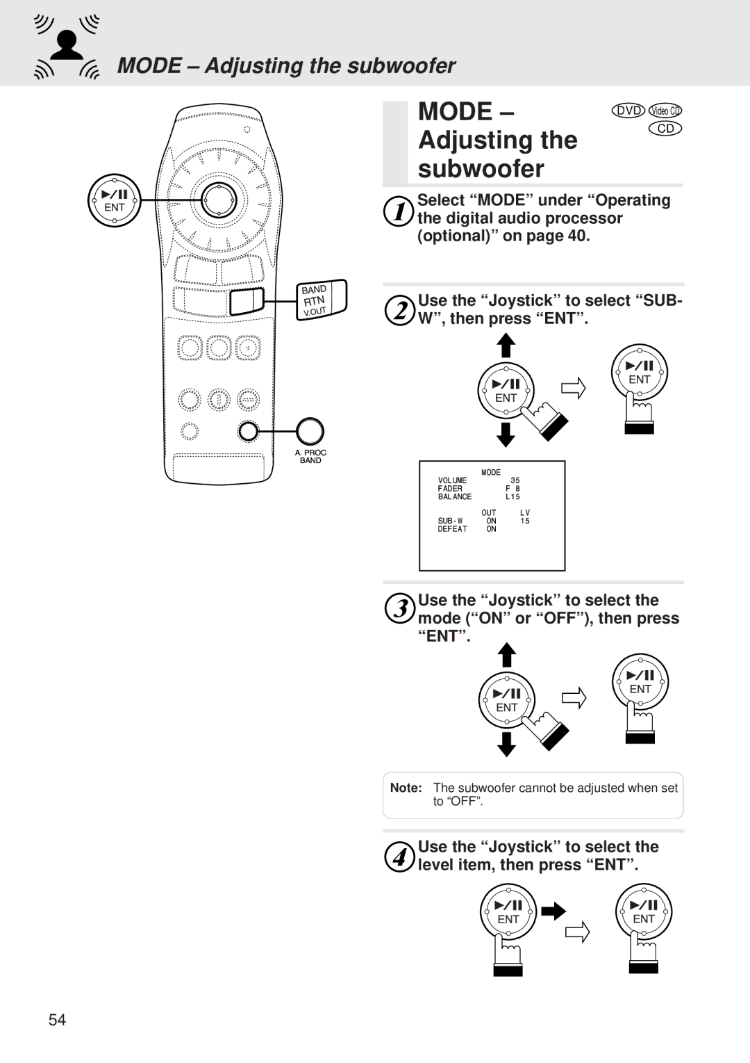 Alpine DVA-5205 owner manual Adjusting Subwoofer, Mode Adjusting the subwoofer 