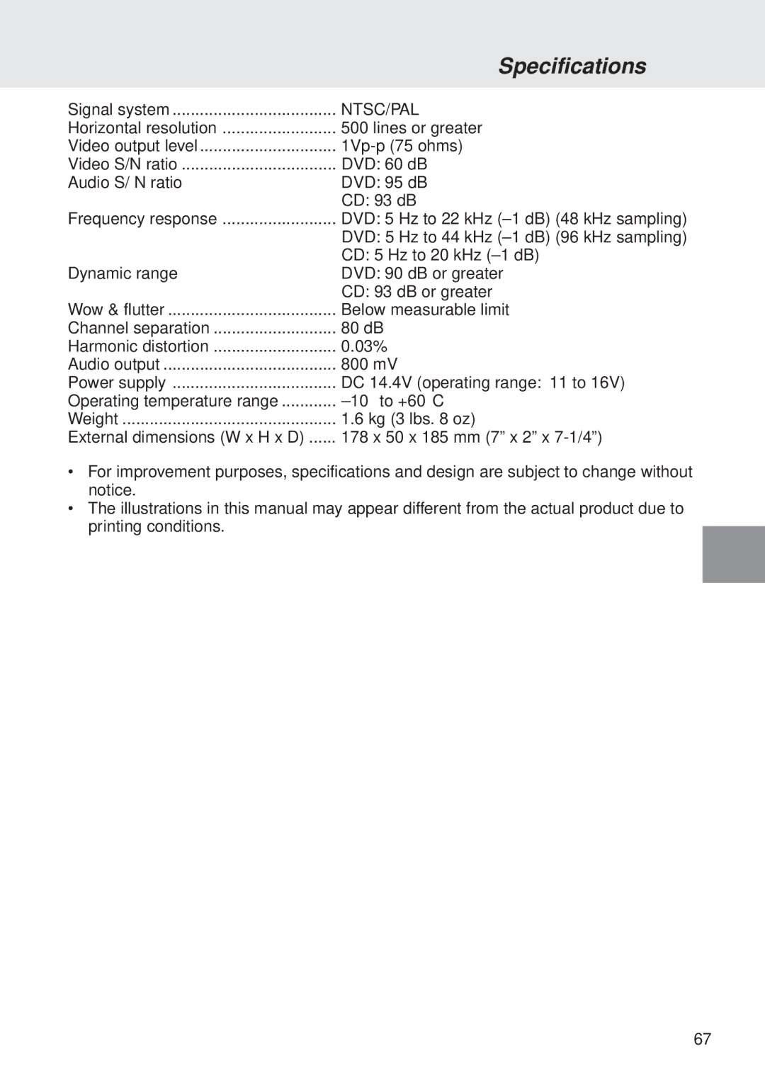 Alpine DVA-5205 Specifications, DVD 5 Hz to 22 kHz ±1 dB 48 kHz sampling, DVD 5 Hz to 44 kHz ±1 dB 96 kHz sampling 