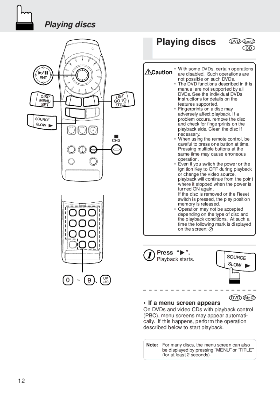 Alpine DVA-5205E owner manual Playing discs, Press, If a menu screen appears, Playback starts 