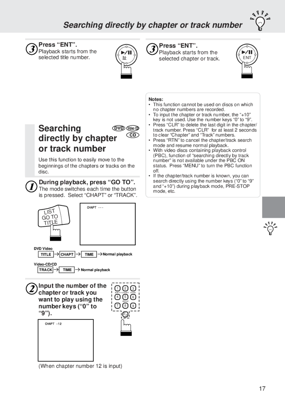 Alpine DVA-5205E Searching directly by chapter or track number, Press ENT, Playback starts from Selected title number 