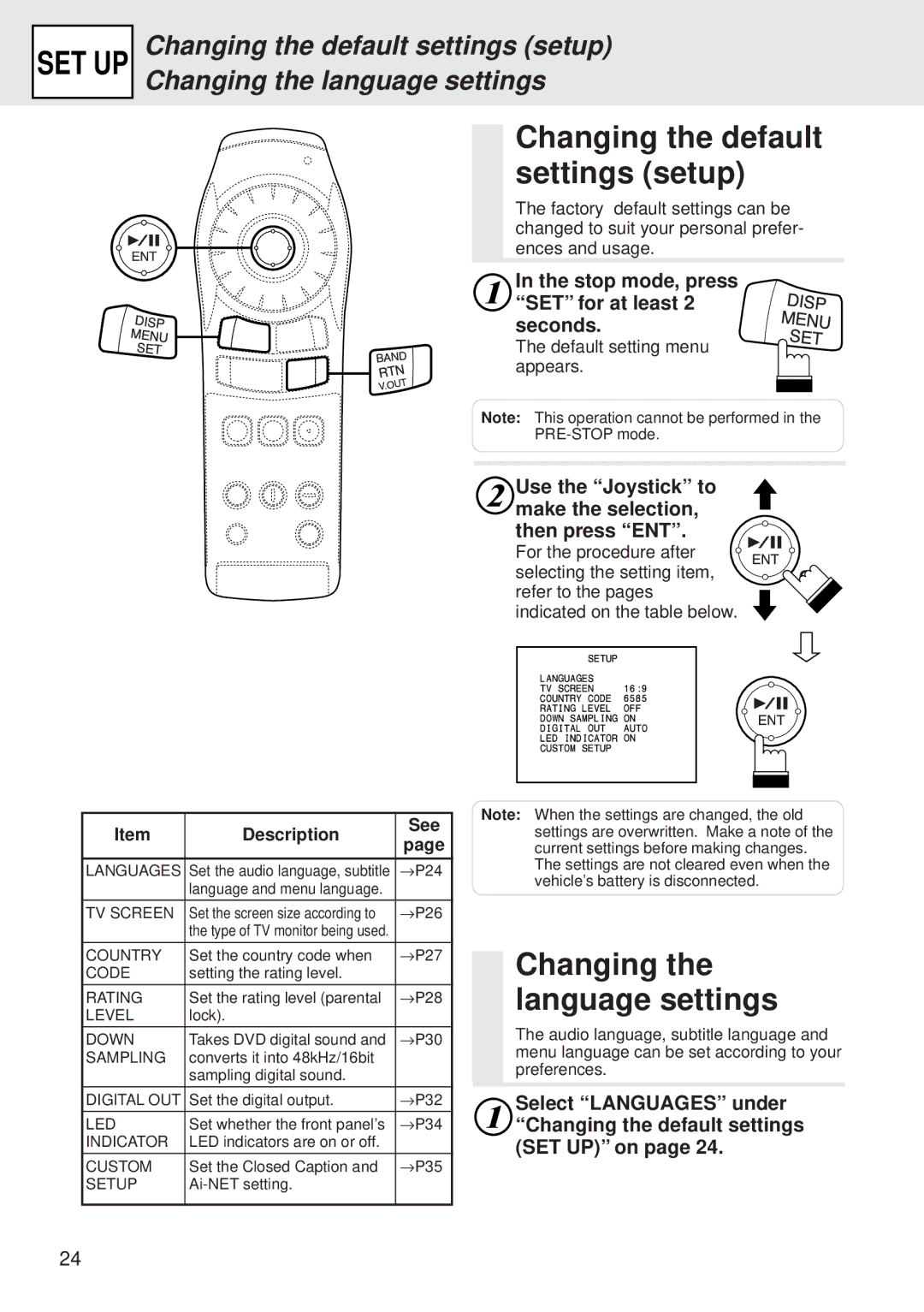 Alpine DVA-5205E Changing the default settings setup, Changing the language settings, Stop mode, press, SET for at least 