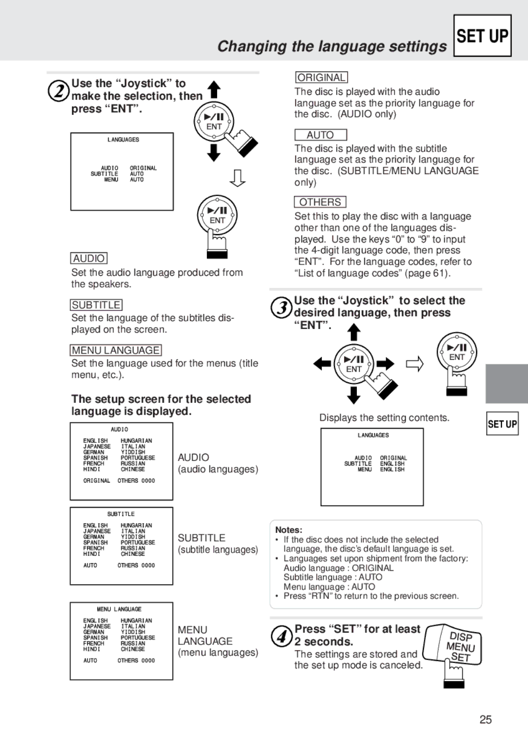 Alpine DVA-5205E owner manual Changing the language settings, Setup screen for the selected language is displayed 