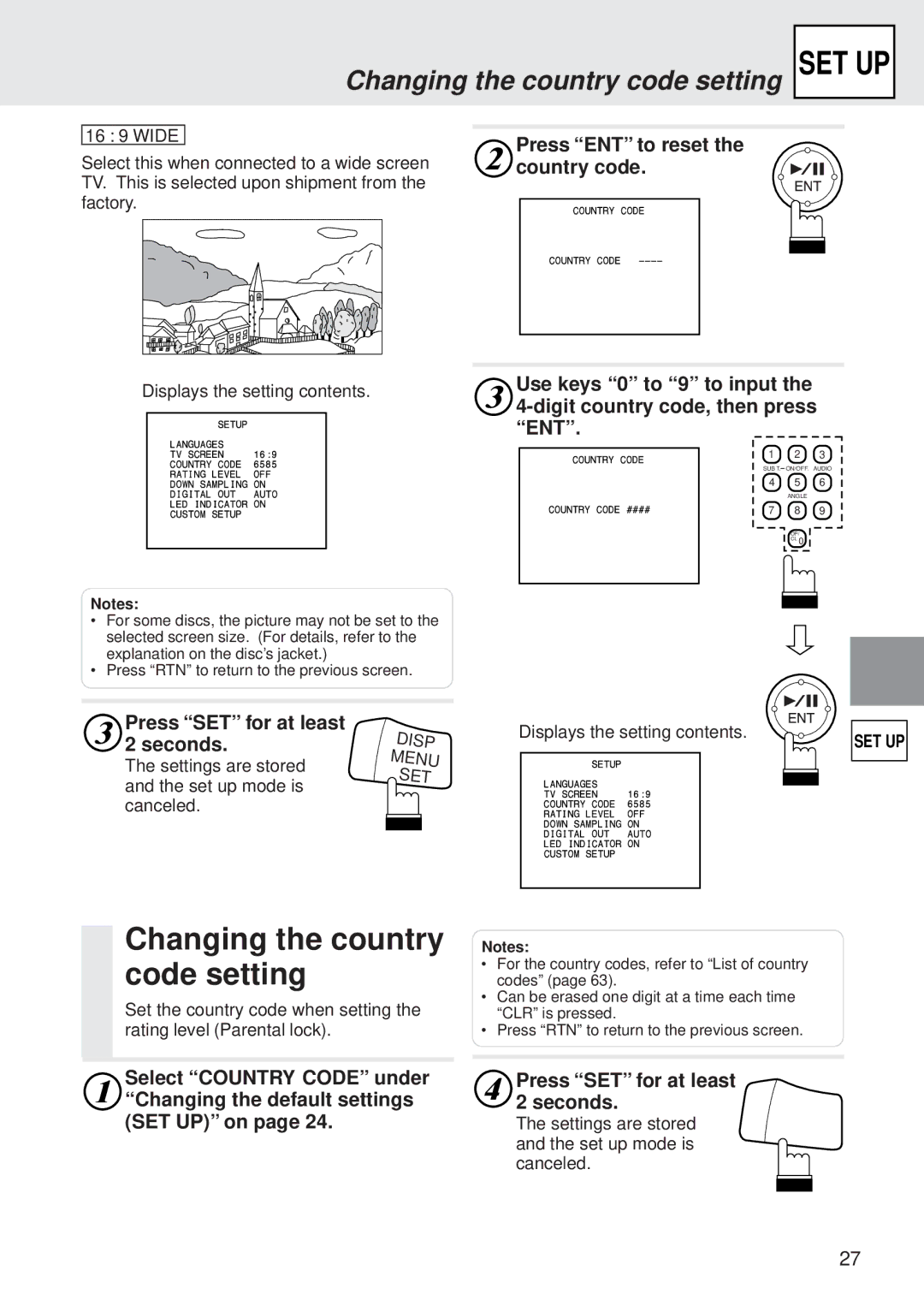 Alpine DVA-5205E Changing the country code setting, Press ENT to reset the country code, Press SET for at least 