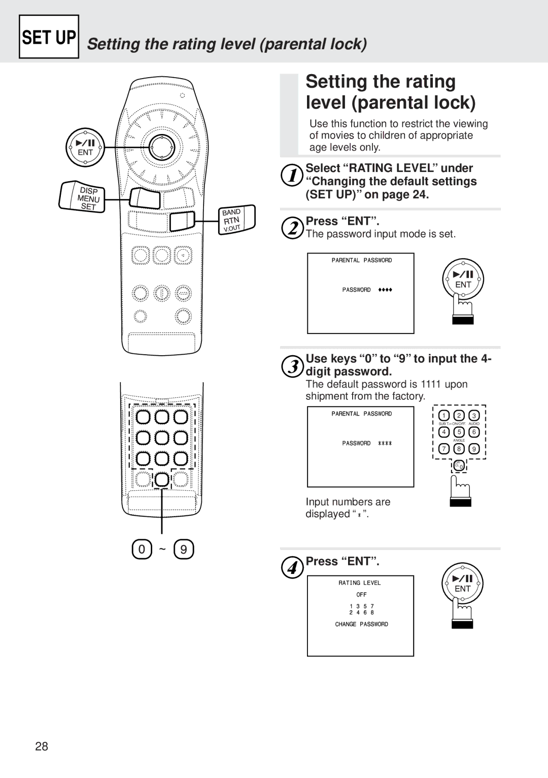 Alpine DVA-5205E owner manual Setting the rating level parental lock, Use keys 0 to 9 to input the 4- digit password 