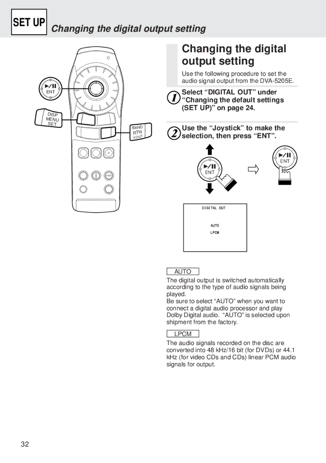 Alpine DVA-5205E owner manual Changing the digital output setting, Selection, then press ENT 