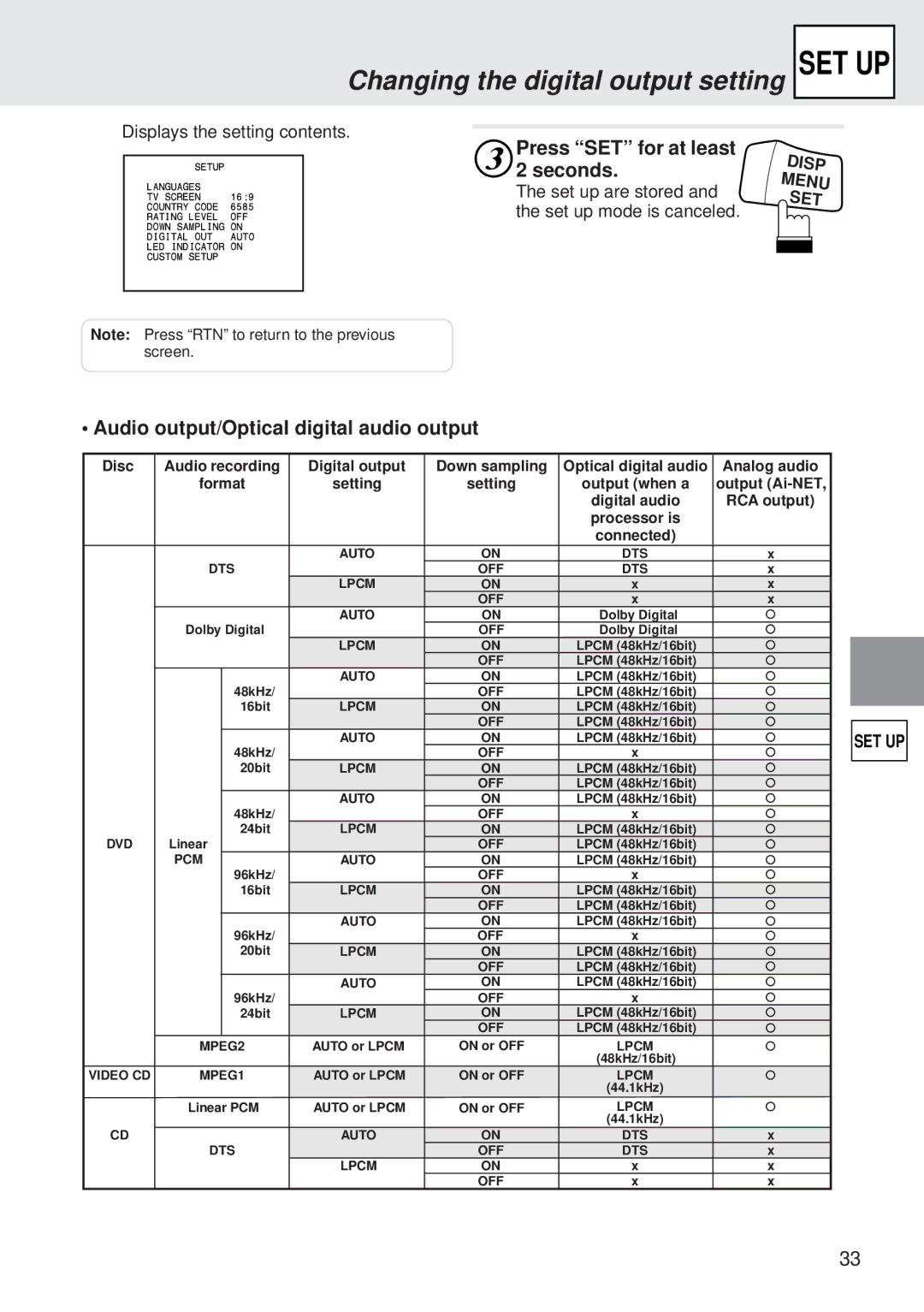 Alpine DVA-5205E owner manual Audio output/Optical digital audio output, Set up are stored and the set up mode is canceled 