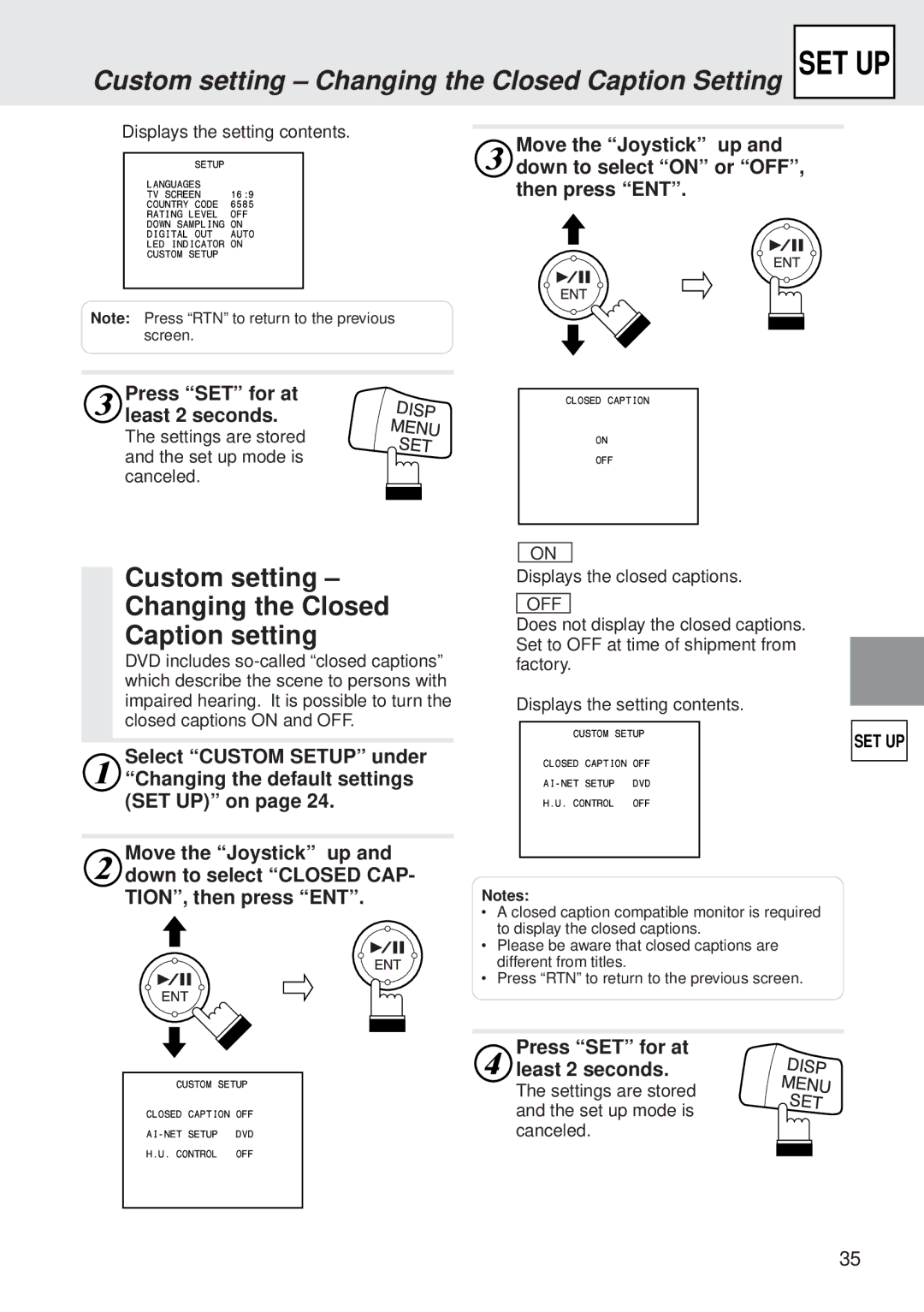 Alpine DVA-5205E Custom setting Changing the Closed Caption Setting SET UP, Press SET for at, Displays the closed captions 