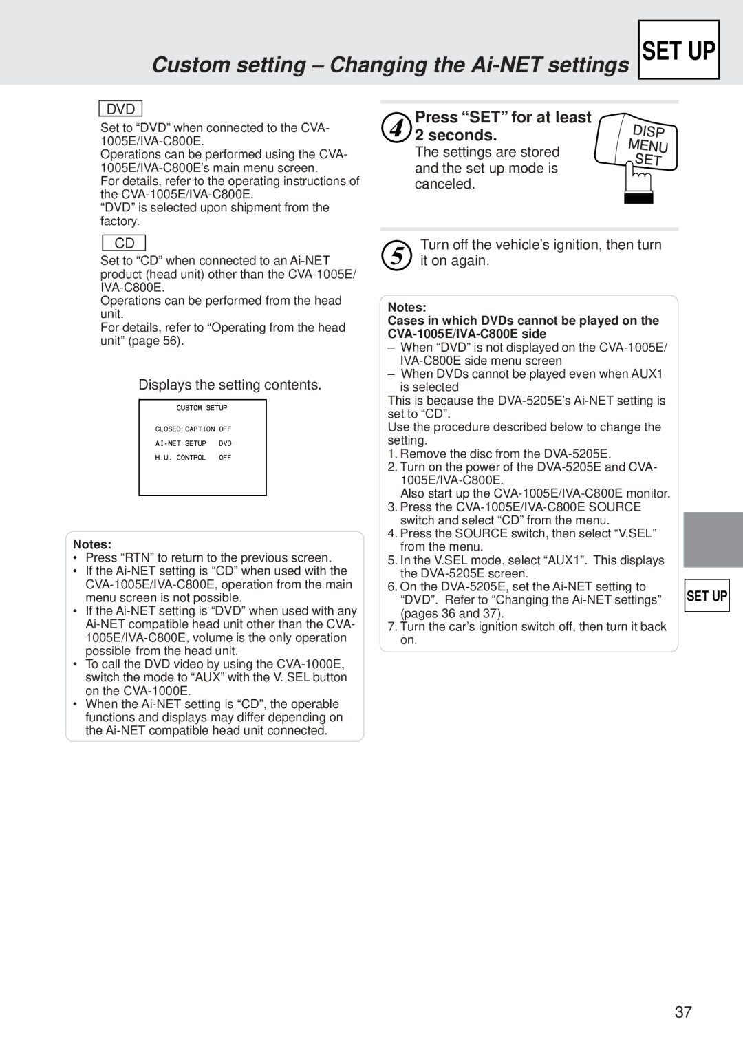 Alpine DVA-5205E owner manual Custom setting Changing the Ai-NET settings SET UP, Dvd 