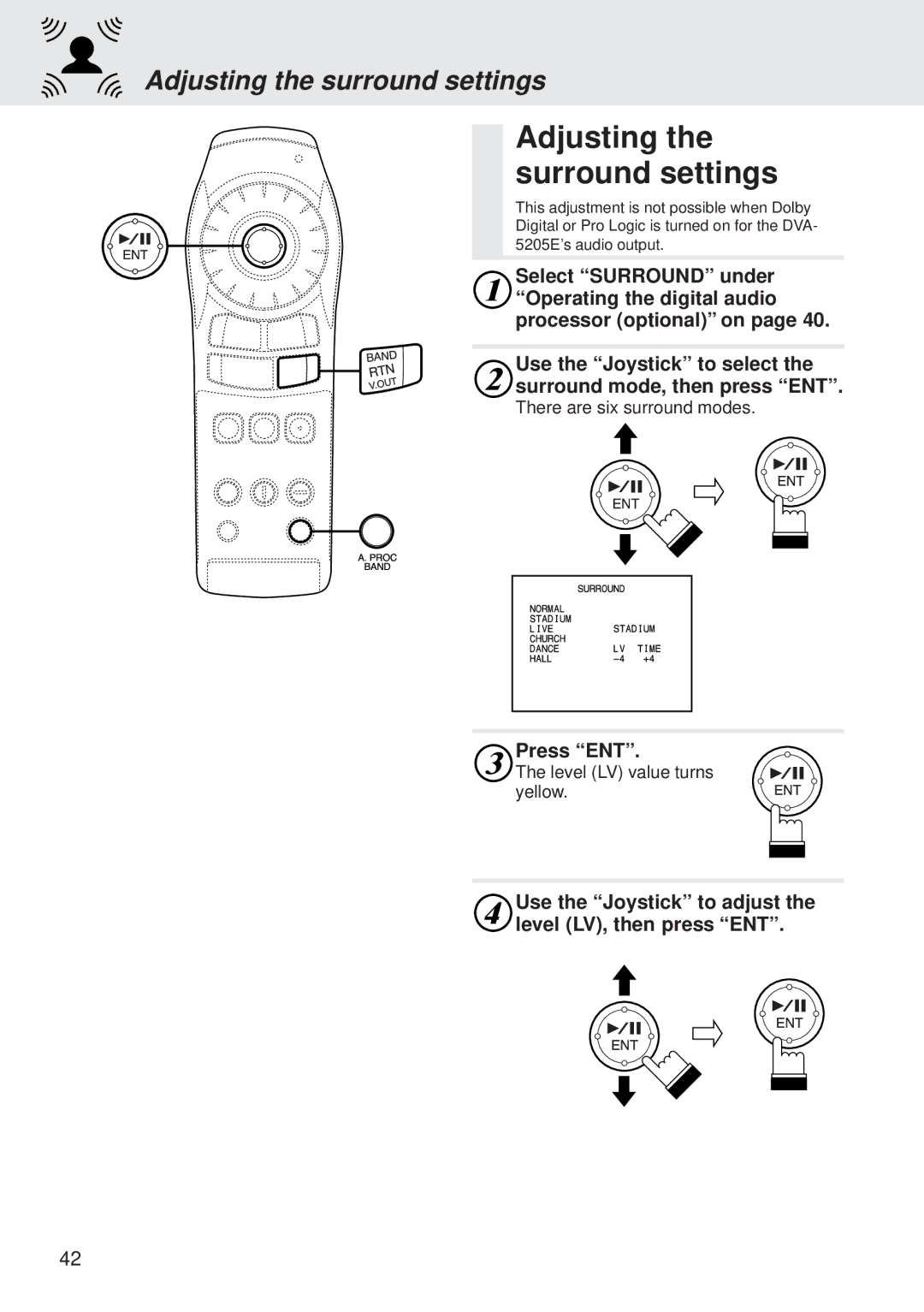 Alpine DVA-5205E owner manual Adjusting the surround settings, Press ENT. The level LV value turns 