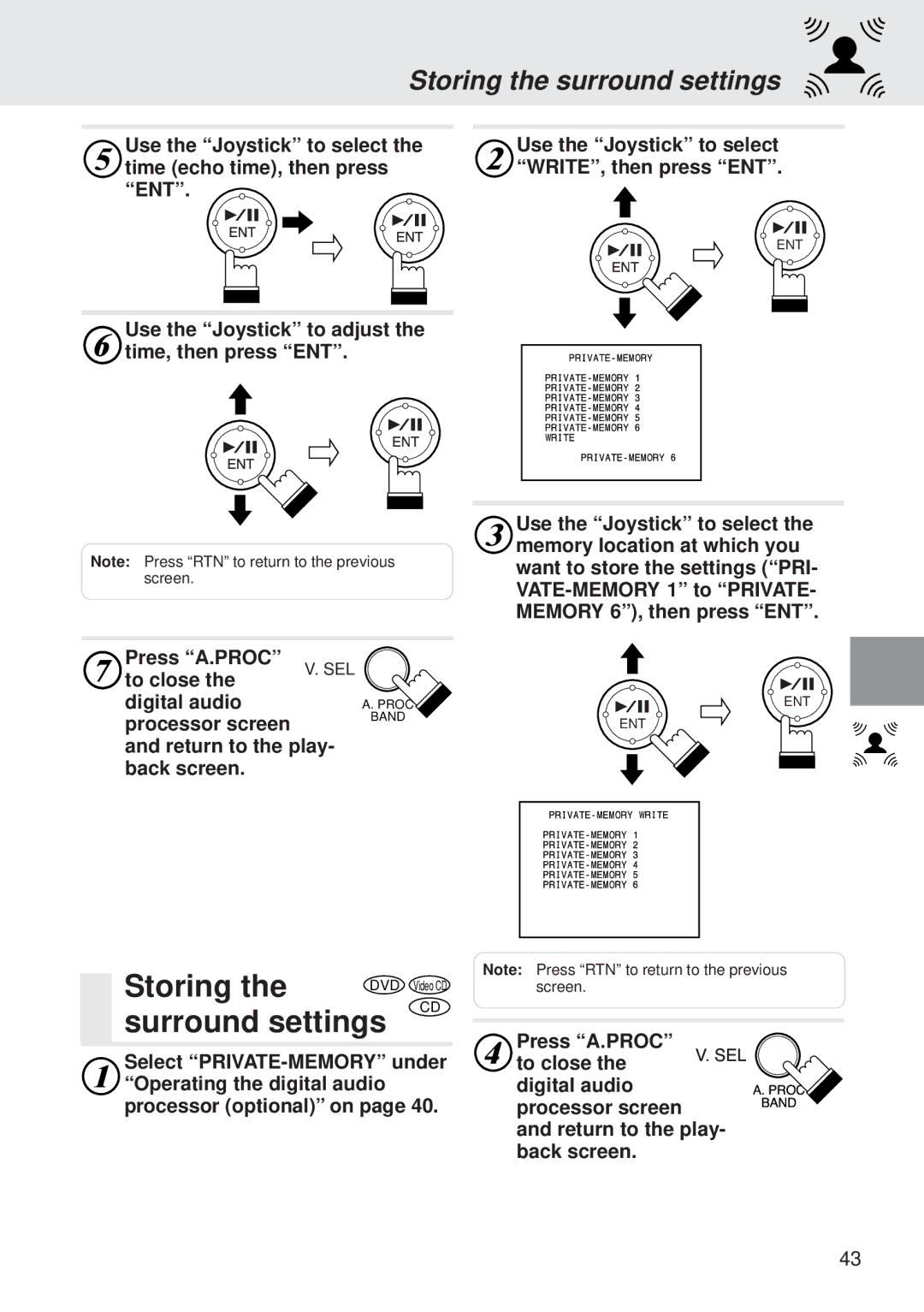 Alpine DVA-5205E Surround settings, Storing the surround settings, Use the Joystick to adjust the time, then press ENT 