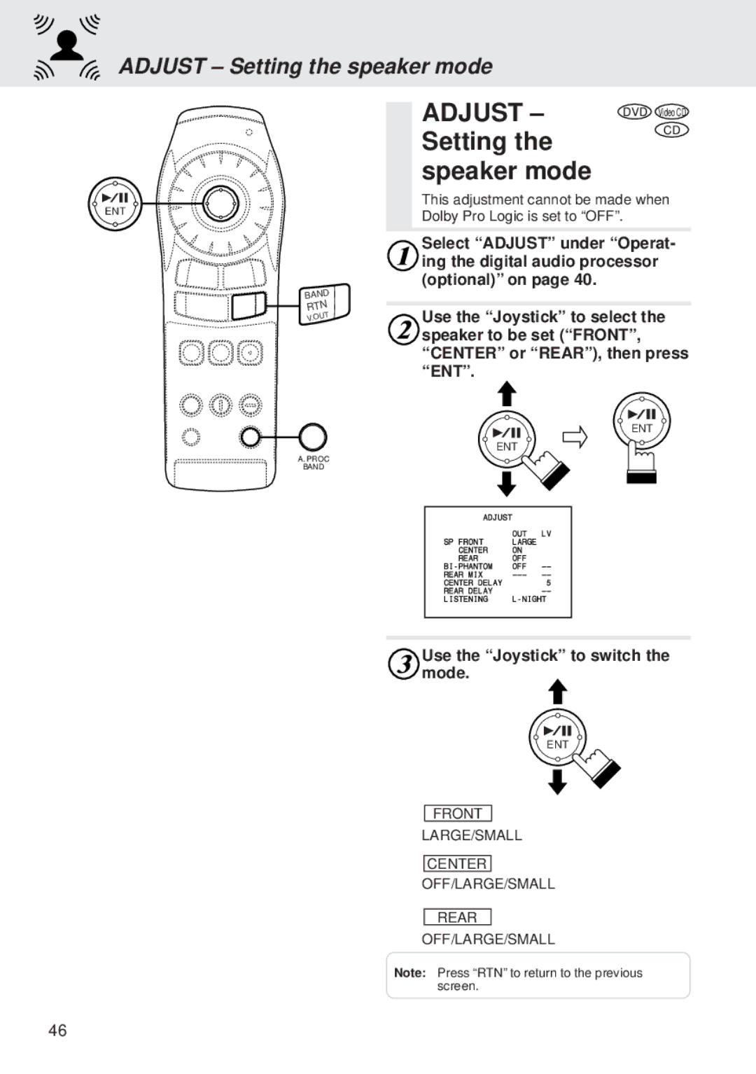 Alpine DVA-5205E owner manual Setting Speaker mode, Adjust Setting the speaker mode, Use the Joystick to switch the mode 