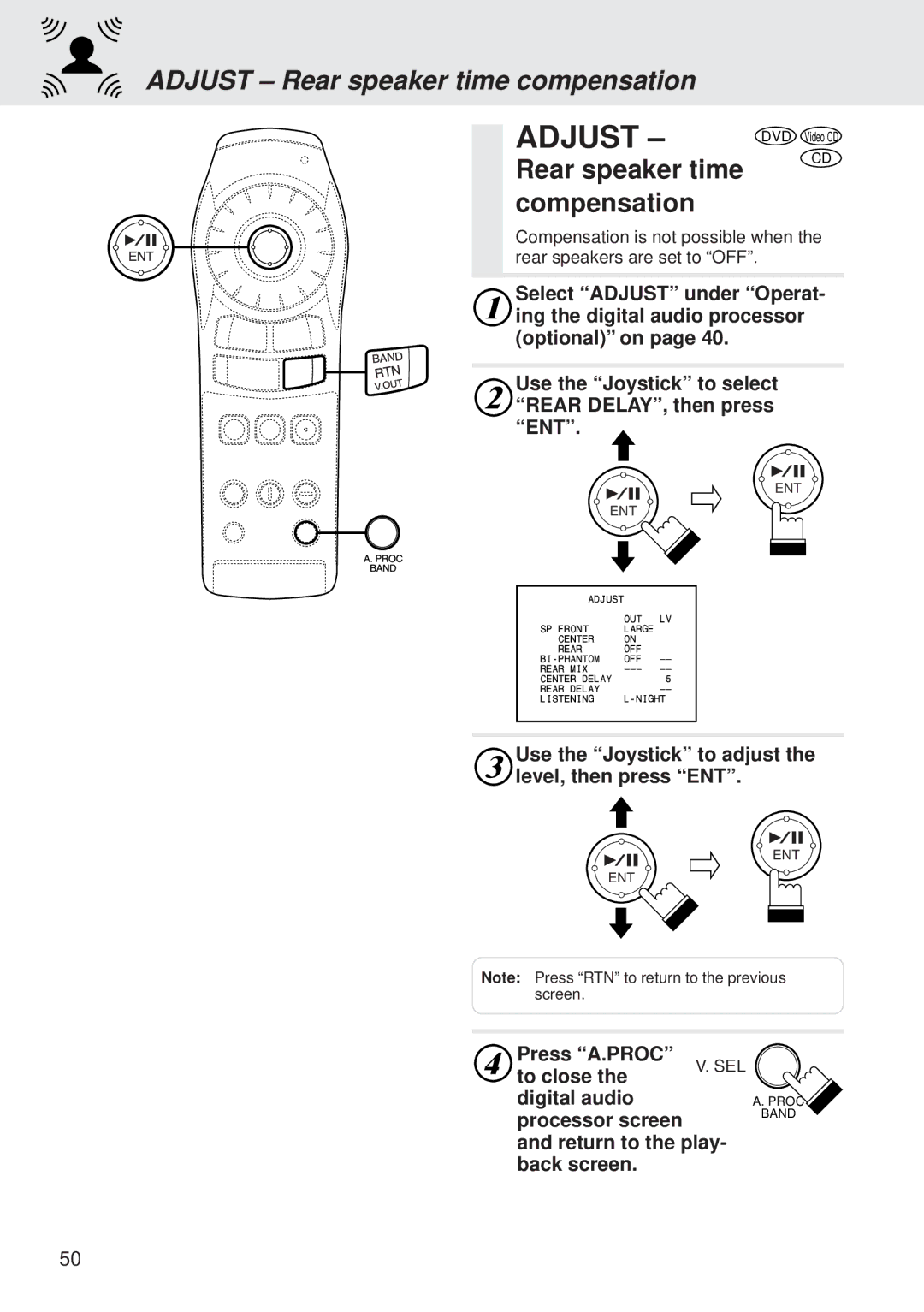 Alpine DVA-5205E owner manual Adjust Rear speaker time compensation, Use the Joystick to select Rear DELAY, then press ENT 